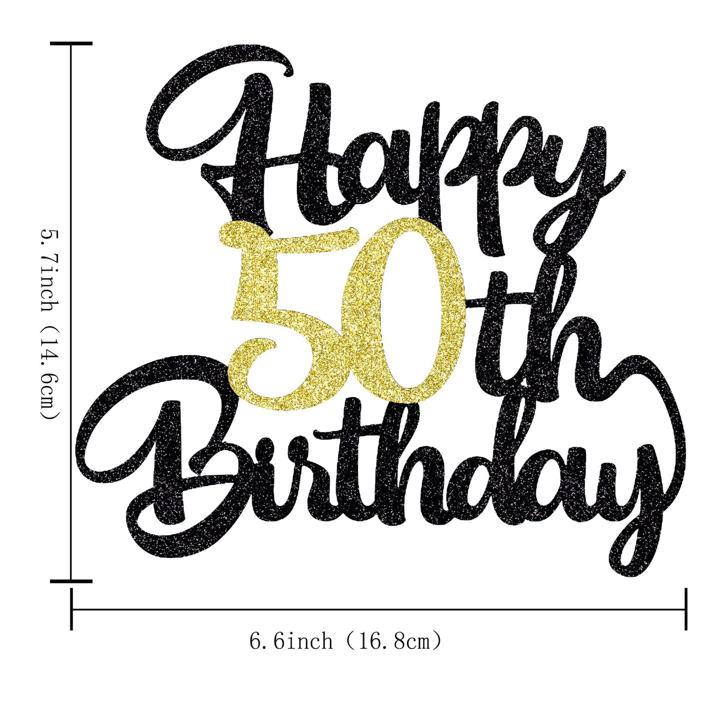 Klionjor 50th Birthday Cake Topper - Black Gold Glitter, Party Decoration, Photo Props