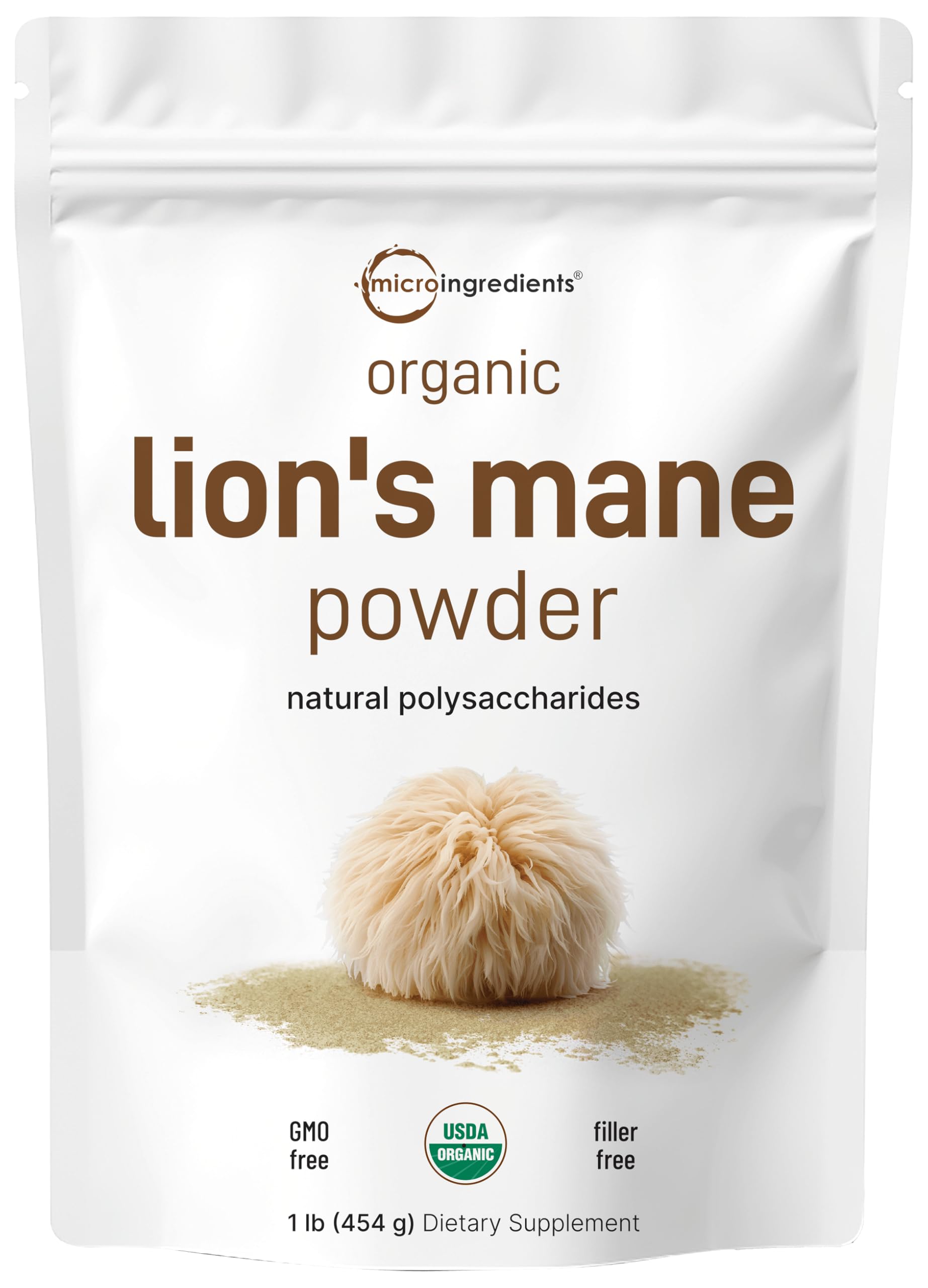 Micro Ingredients Organic Lions Mane Mushroom Powder, 16oz | Pure Fruiting Body Superfood | Supports Brain, Focus, Energy & Immu