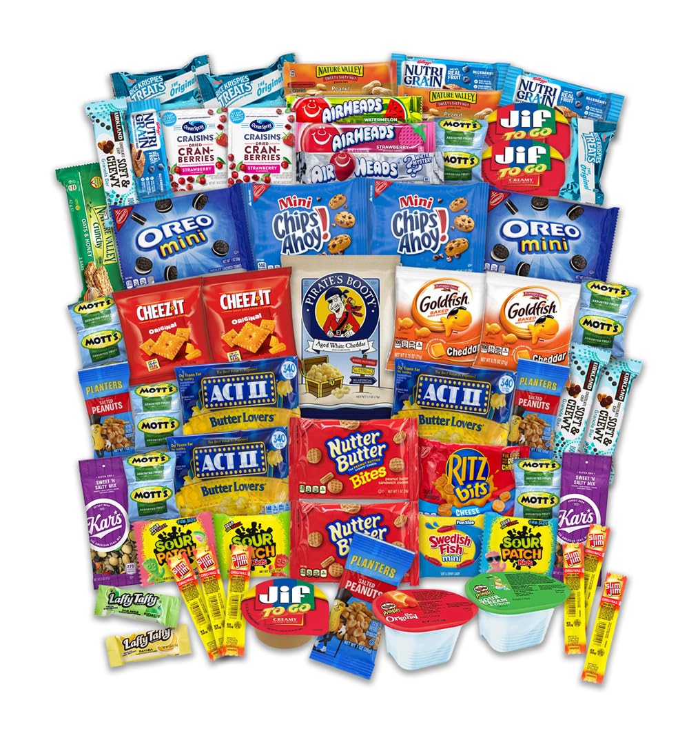 Snack Box College Care Package - 60 Count - Snack Packs For Boys Girls Men Women Students Soldiers - Back To School Care Package