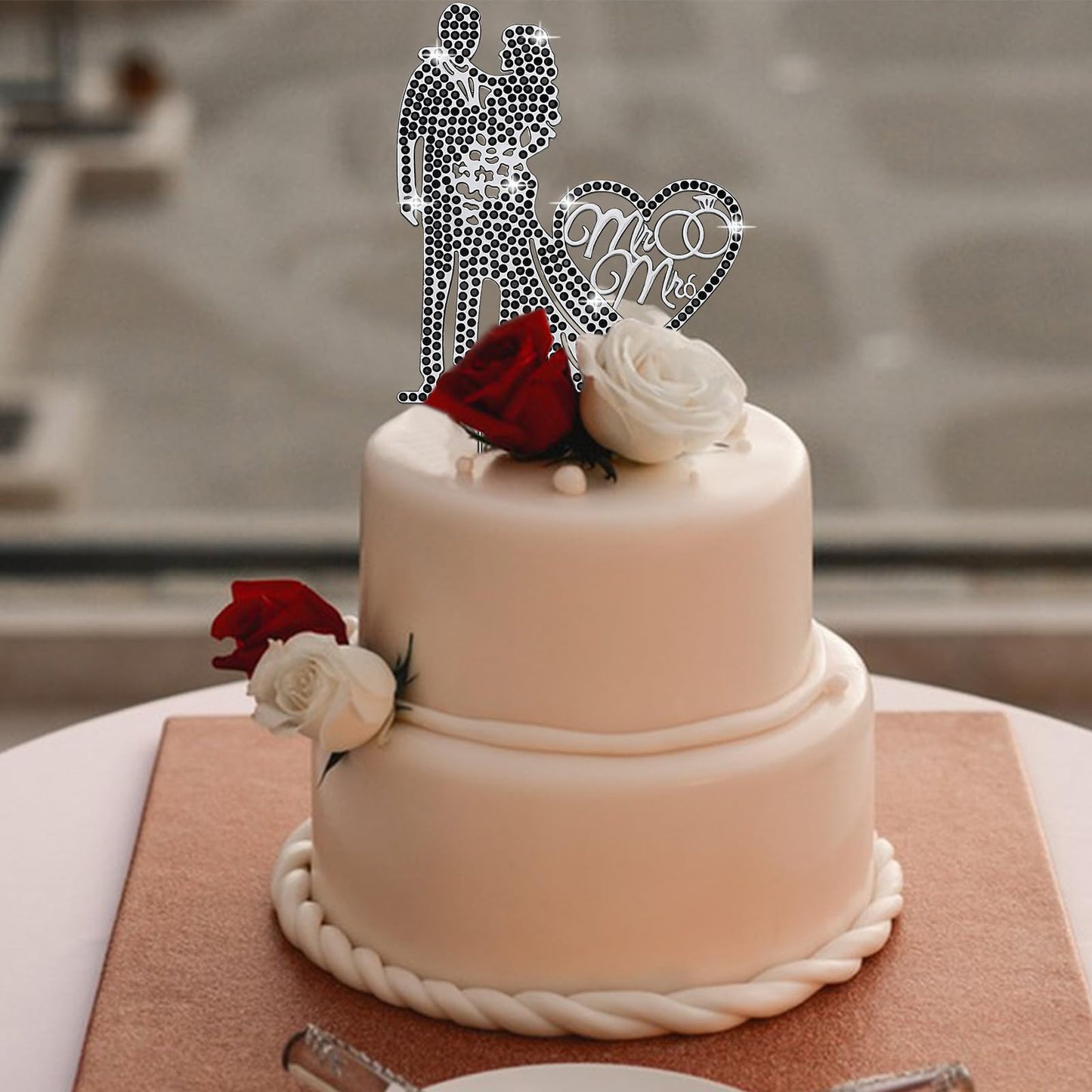 Jaciya Mr And Mrs Cake Topper With Black Rhinestone Bride And Groom, Black Wedding Decorations