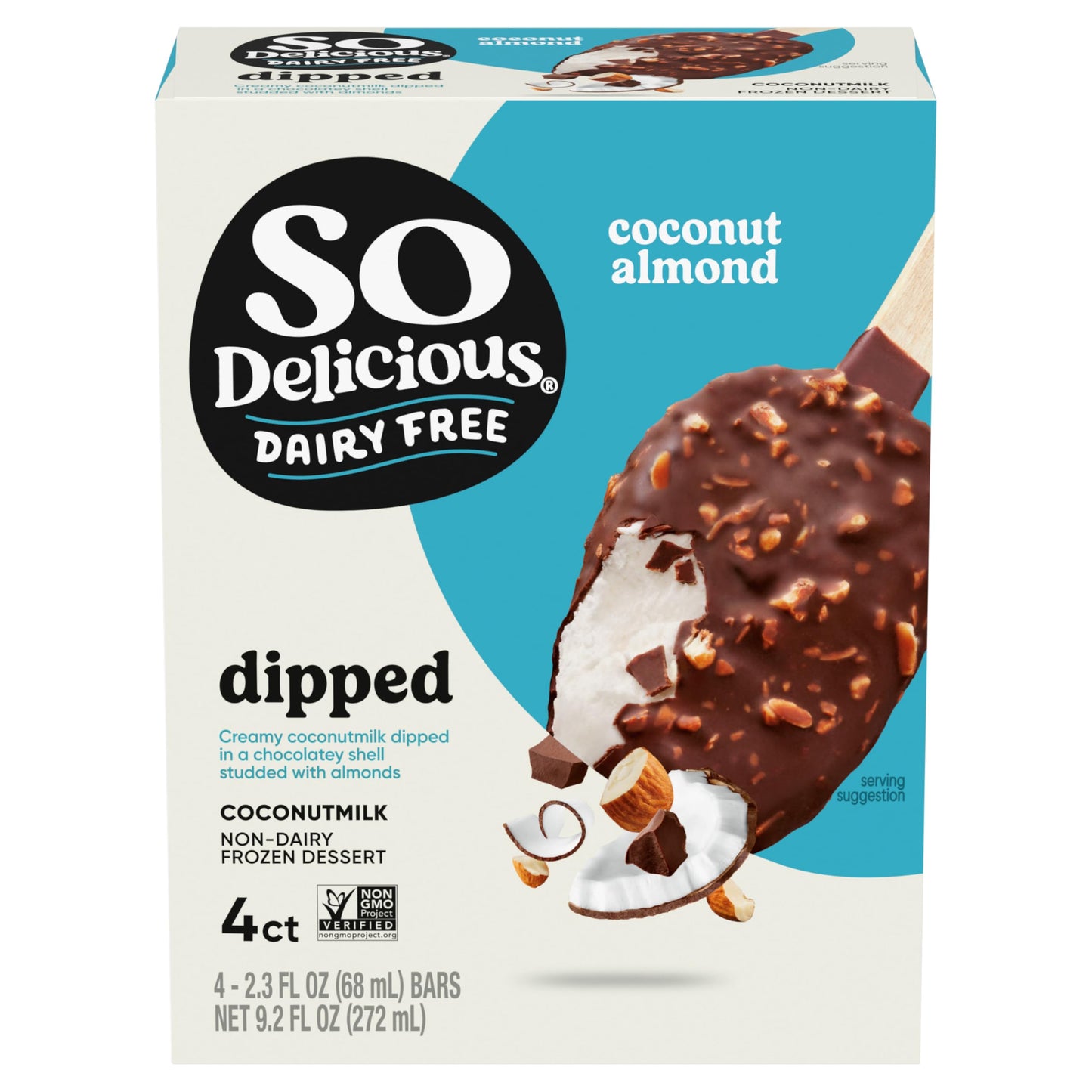 So Delicious Dairy Free Coconut Milk Dipped Frozen Dessert Bar, Coconut Almond, Vegan, Non-GMO Project Verified, 4 Pack