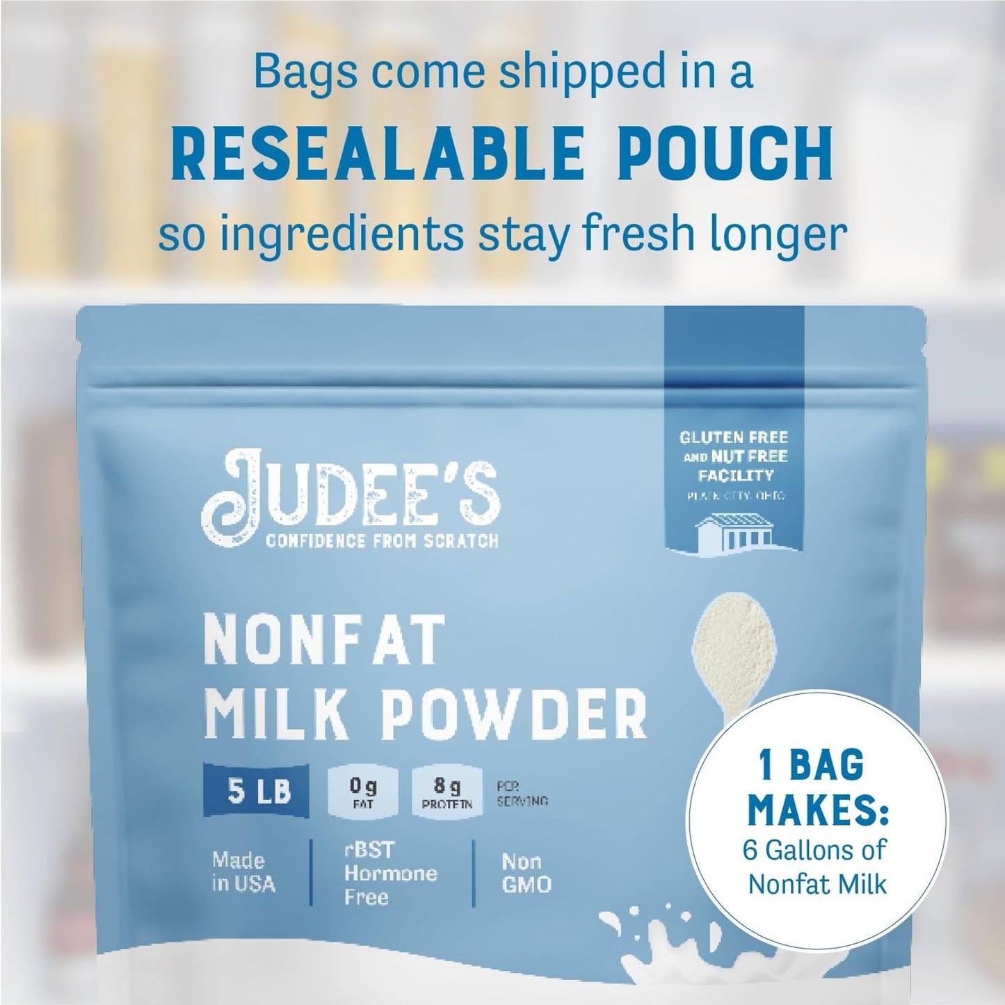 Judees Non-Fat Milk Powder - 100% Non-GMO, Keto-Friendly, rBST  -Free, Gluten-Free, 5 lb