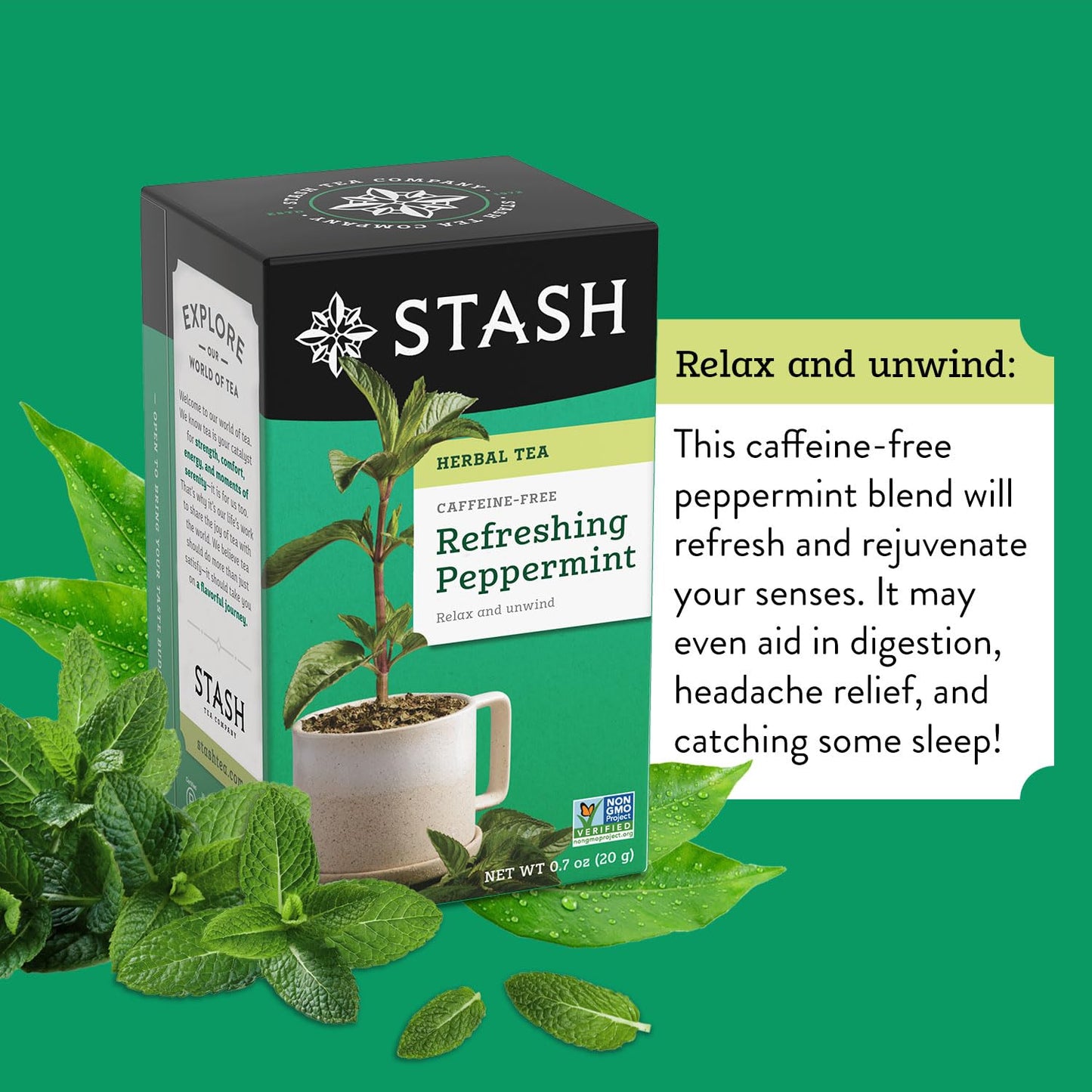 Stash Refreshing Peppermint Herbal Tea - Caffeine Free, Non-GMO, 20 Count (Pack of 6) - 120 Bags Total