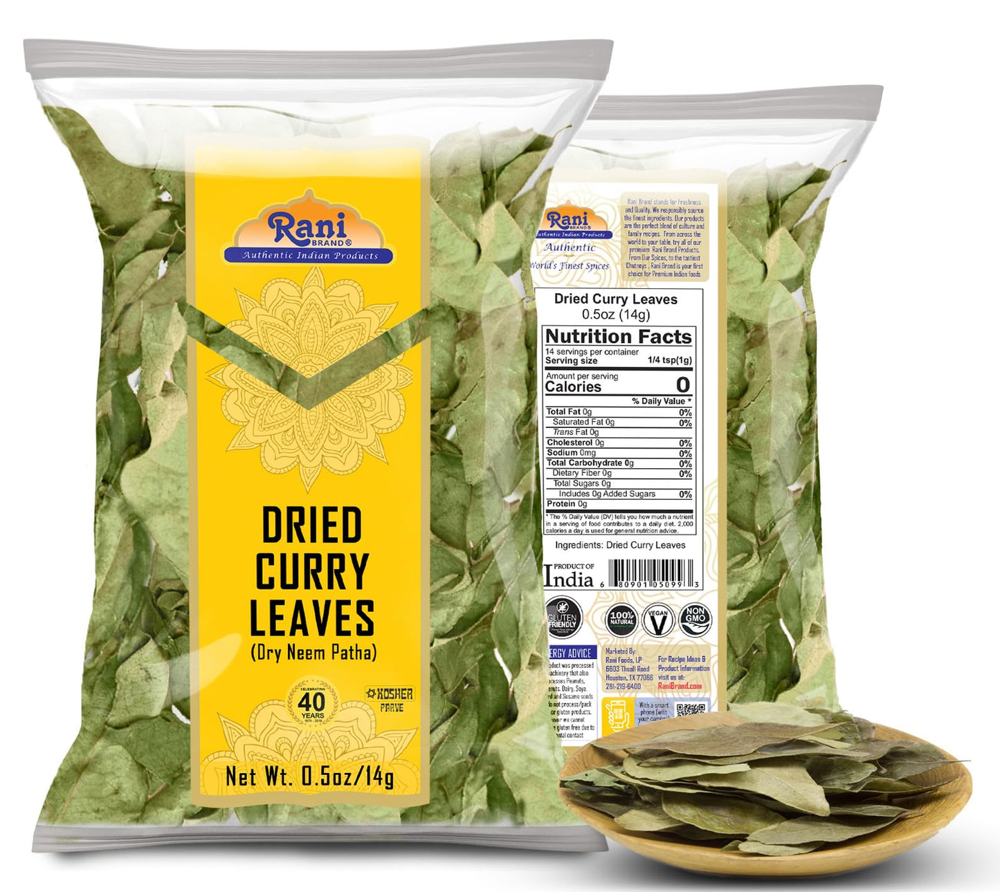 Rani Dried Curry Whole Leaves (Kari Neem Patha) Indian Spice 0.5Oz (14G) ~ Non-Irradiated | All Natural | Vegan | Gluten Friendly | Non-Gmo | Product Of Usa
