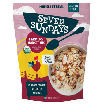 Seven Sundays Organic Muesli Cereal, Farmers Market Almond Date Currant, 12 Oz Bag, Gluten Free, 0g Added Sugar, Enjoy Warm, Coo