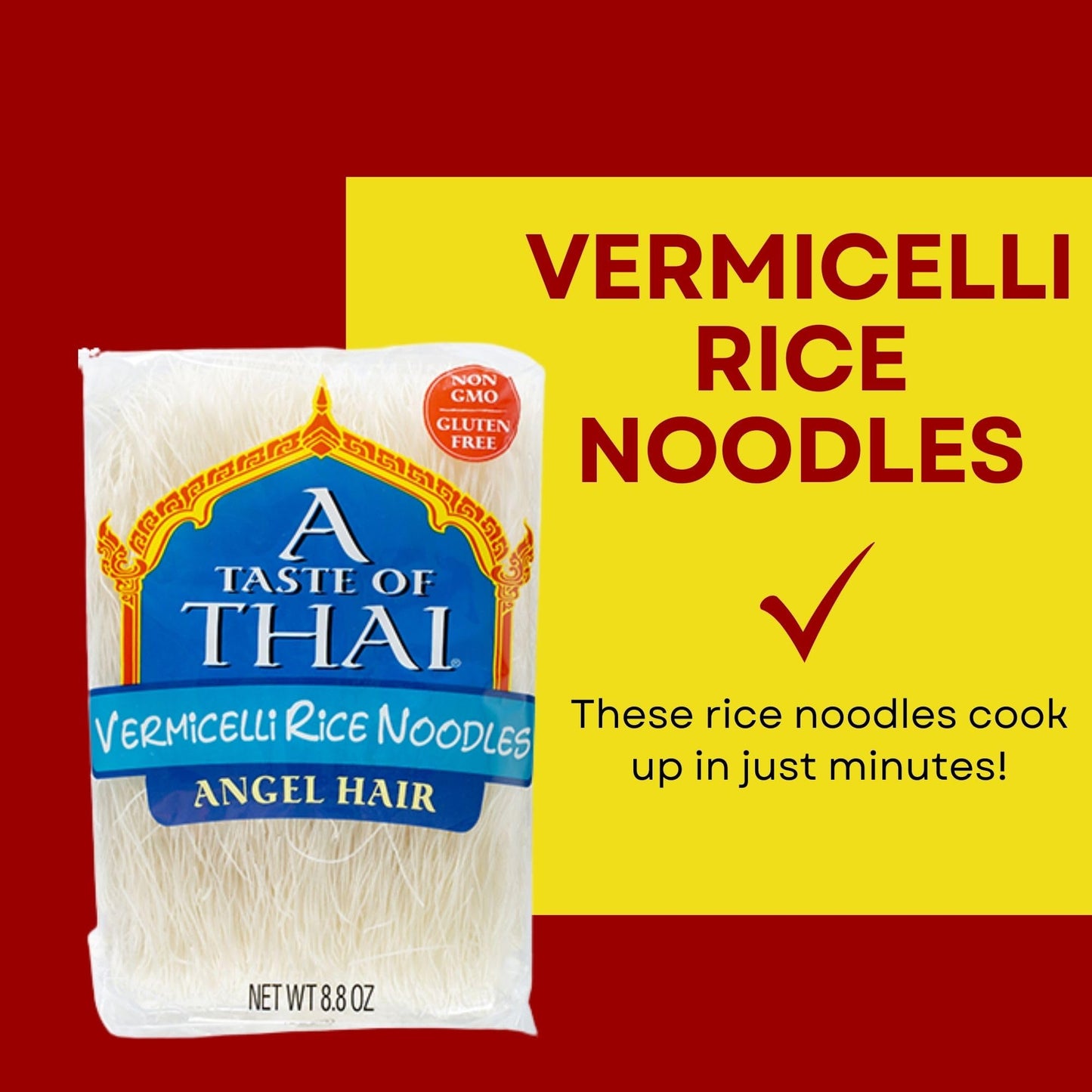 A Taste of Thai Vermicelli Rice Noodles - Gluten-Free, No Preservatives, 8.8oz Pack of 6