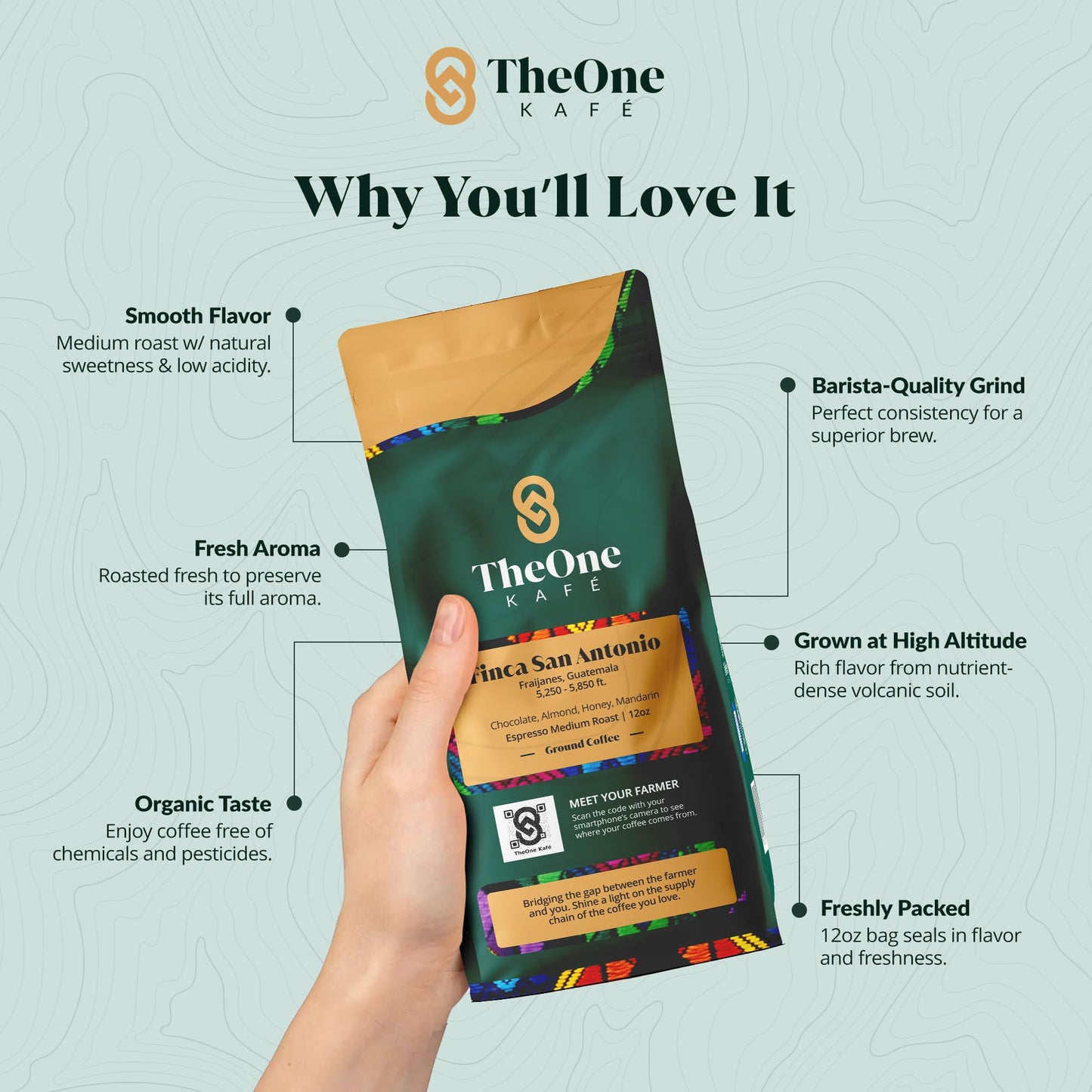 Theone Kaf   Guatemala Organic Ground Coffee Medium Roast, 12Oz - Fresh Roast, Specialty Single Origin Coffee Ground With Rich,