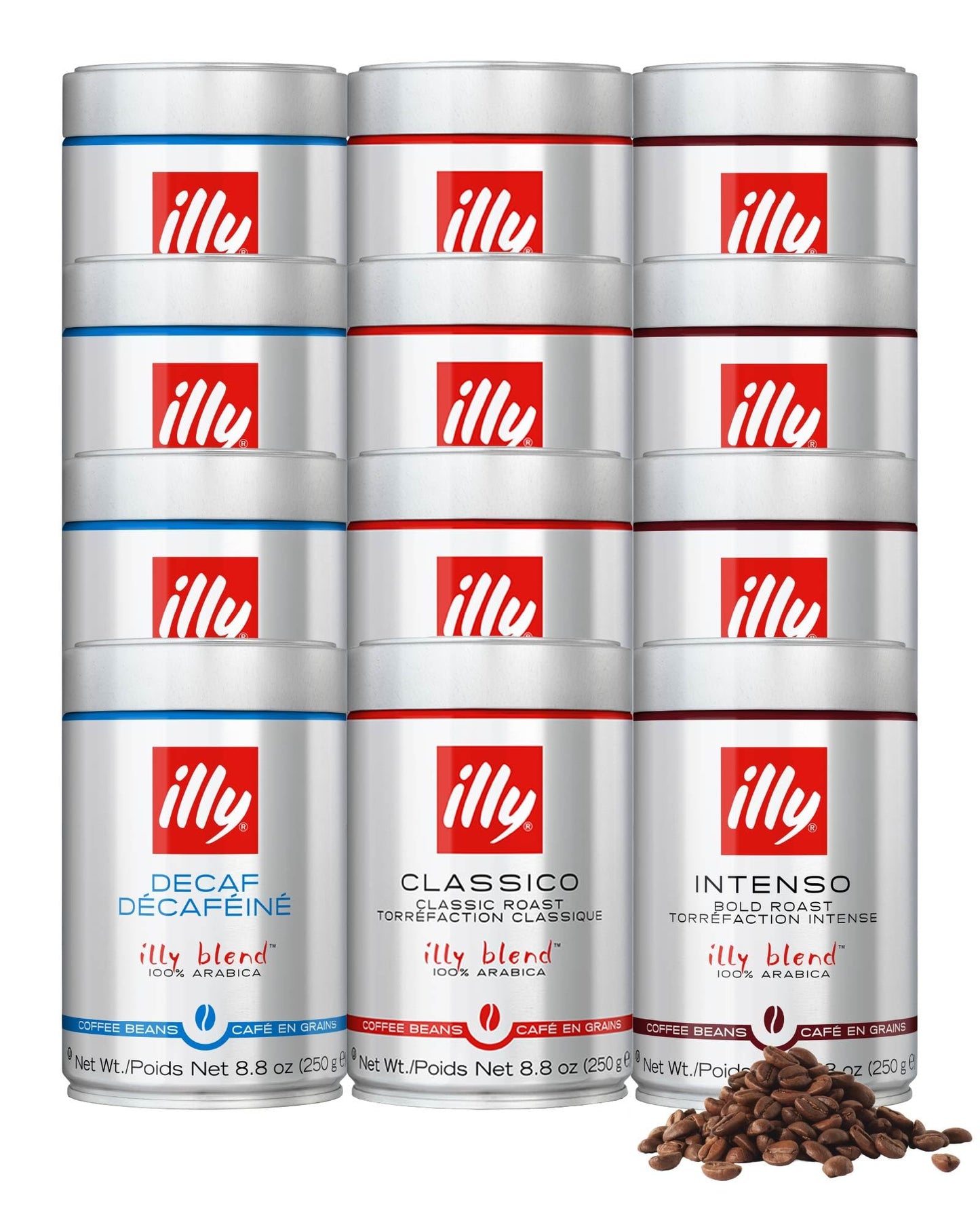 Illy Whole Bean Coffee  Classico Medium  Decaffeinated And Intenso Bold Roasts  100% Arabica  Top-Grade Italian Coffee  Ideal For Espresso  Drip  Moka And French Press Brewing  8.8Oz  12 Variety Pack