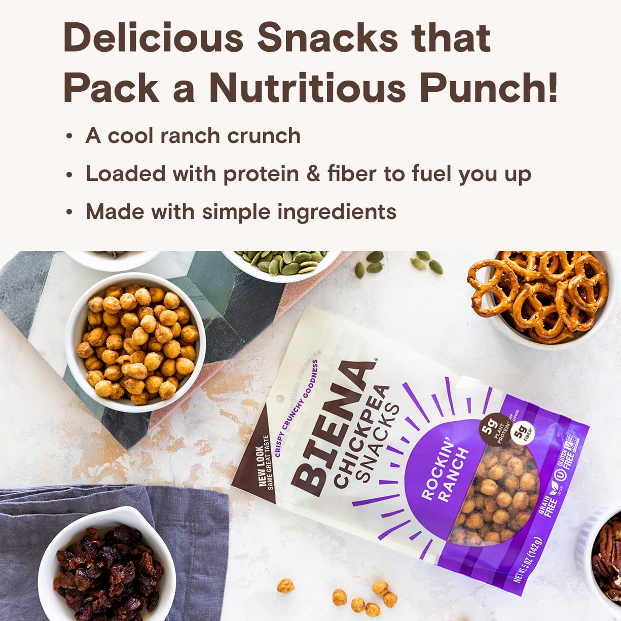 Biena Crispy Roasted Chickpea Snacks, Rockin Ranch, High Protein Snacks, High Fiber Snacks, Gluten Free, Plant-Based, Non-Gmo, H