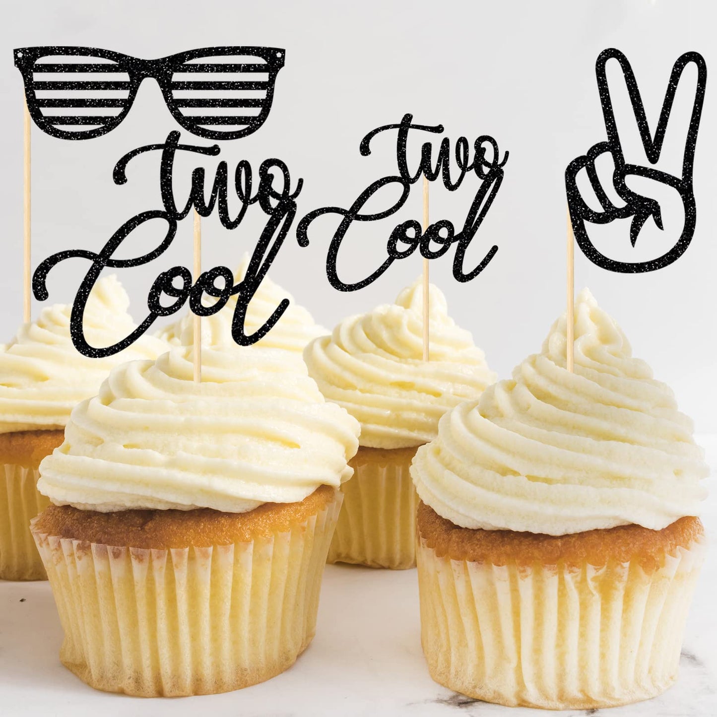 Two Cool Cupcake Toppers, Boy Second Birthday Party, 2Nd Birthday Party Decorations, Glitter Black, 24 Pcs