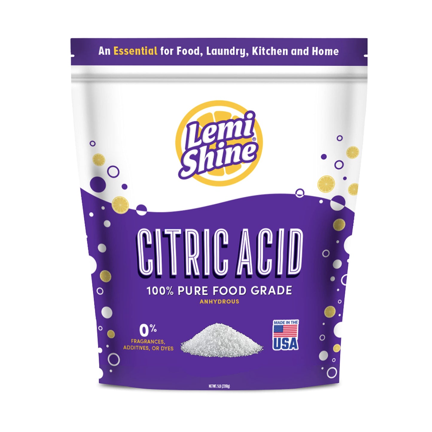 Lemi Shine 100% Citric Acid Powder 5 Pound Bag l Pure Food-Grade Flavor Enhancer & All-Natural Preservative | Fragrance Free Citric Acid for Bath  s  Cooking  & Canning