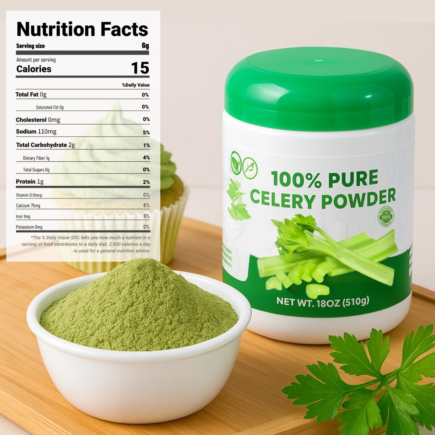 Gephron 18OZ Pure Celery Powder - 100% Natural, Non-GMO, Gluten-Free Seasoning, Perfect for Smoothies and Baking
