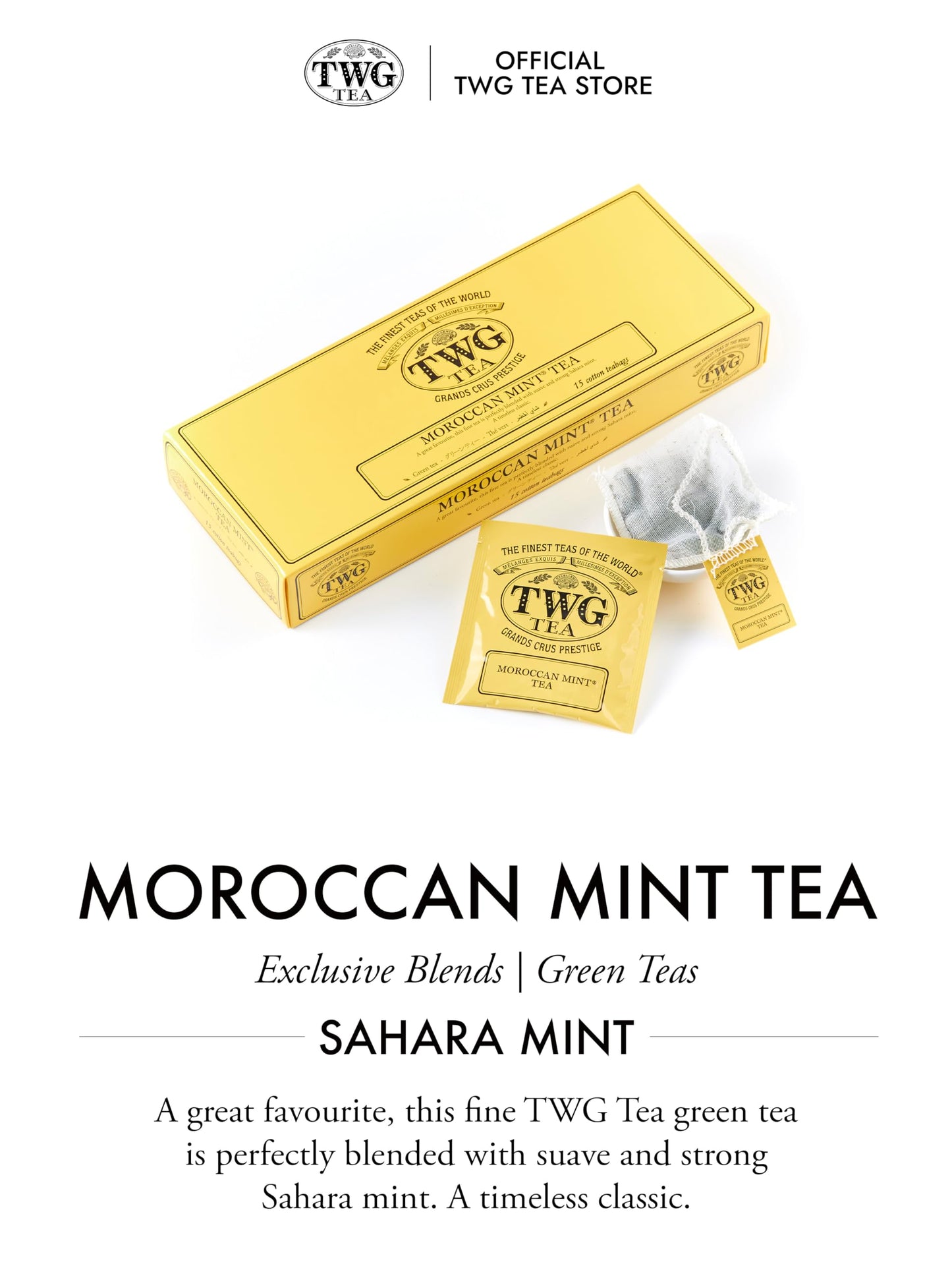TWG Tea Moroccan Mint Green Tea Gift Set - 15 Hand Sewn Cotton Tea Bags - Model PACKTB4006