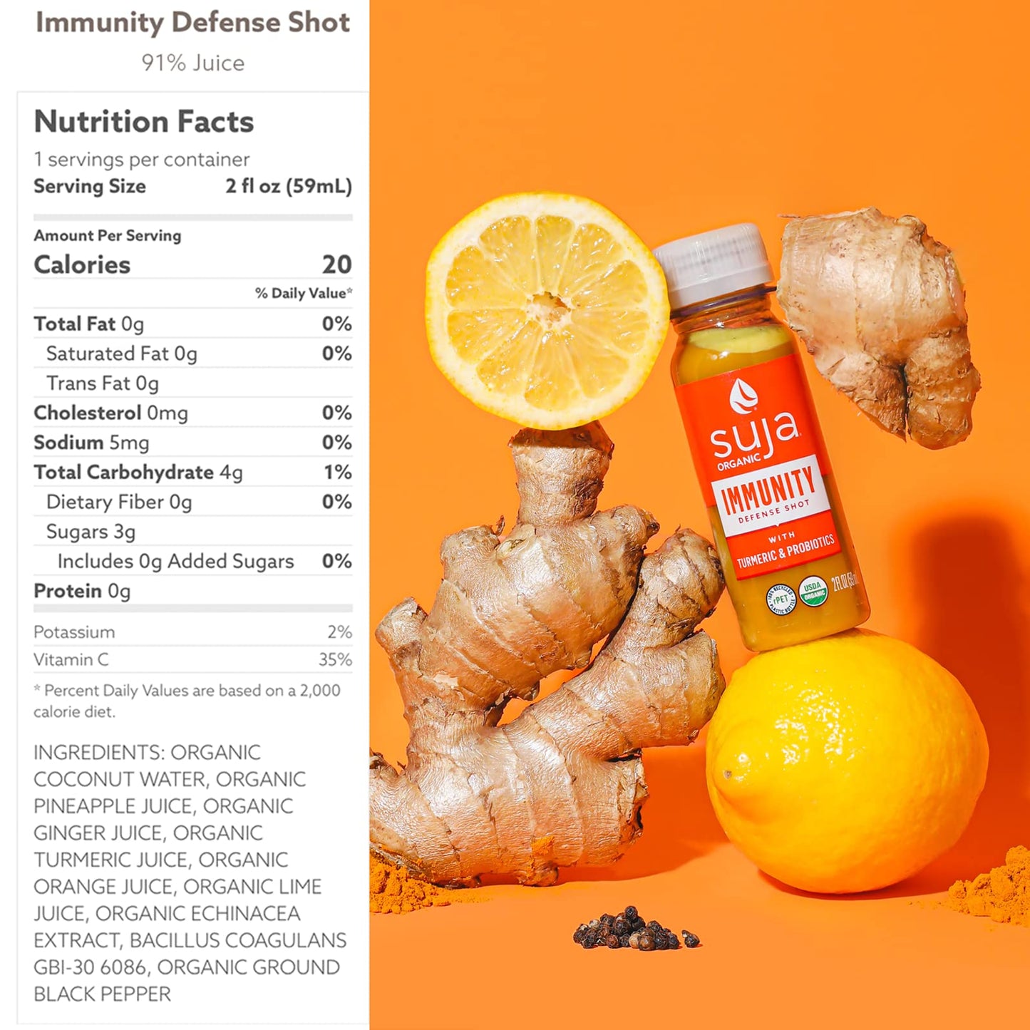 Suja Organic Immunity Defense Shot with Turmeric & Ginger - 60 Pack, 2 Fl Oz Each, Plant-Based, Gluten-Free, Cold-Pressed Juice