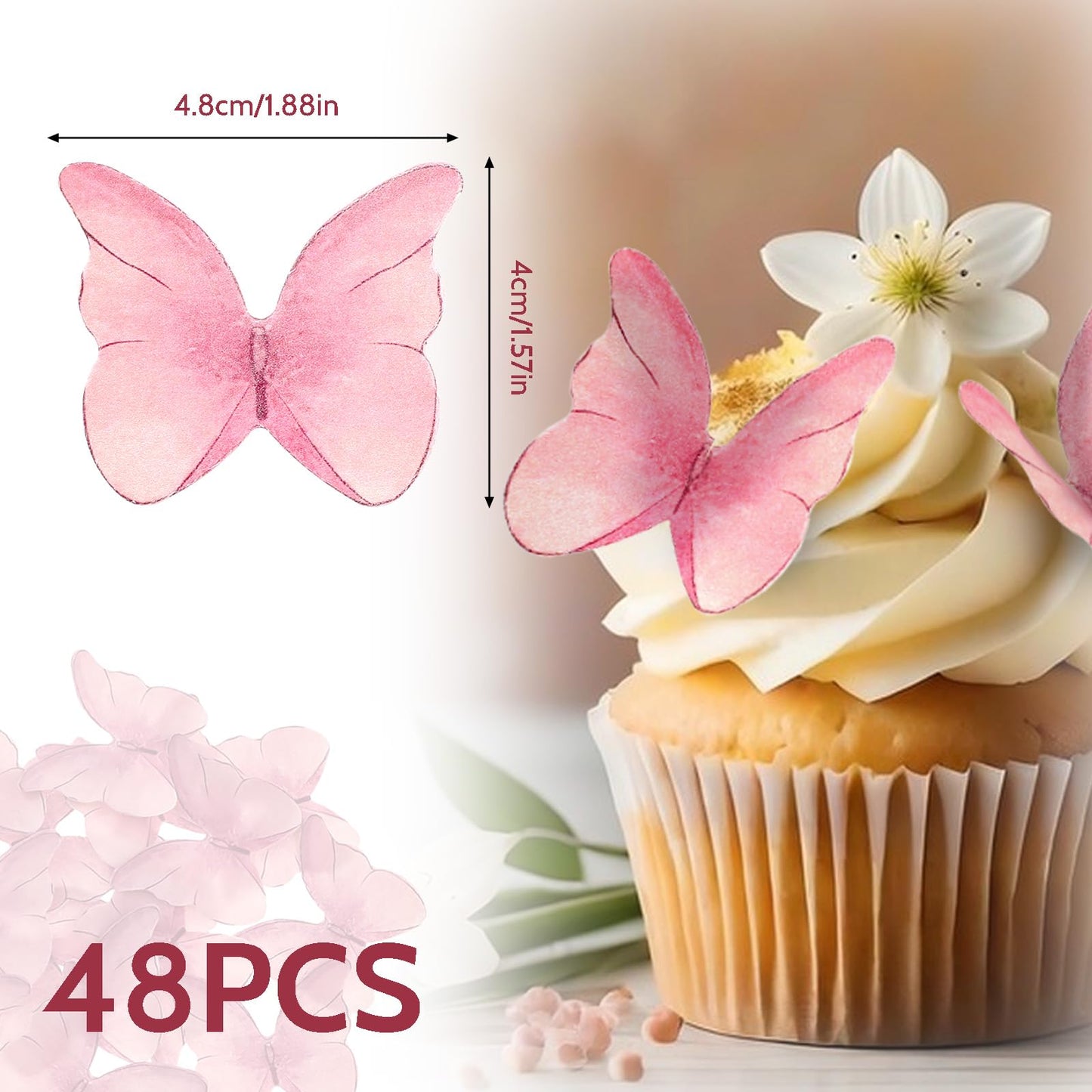TIESOME Edible Butterflies for Cake Decorating, 48 Pcs, Paper, 4.8CM x 4CM, Pink, Model 565109-SALZZ-D