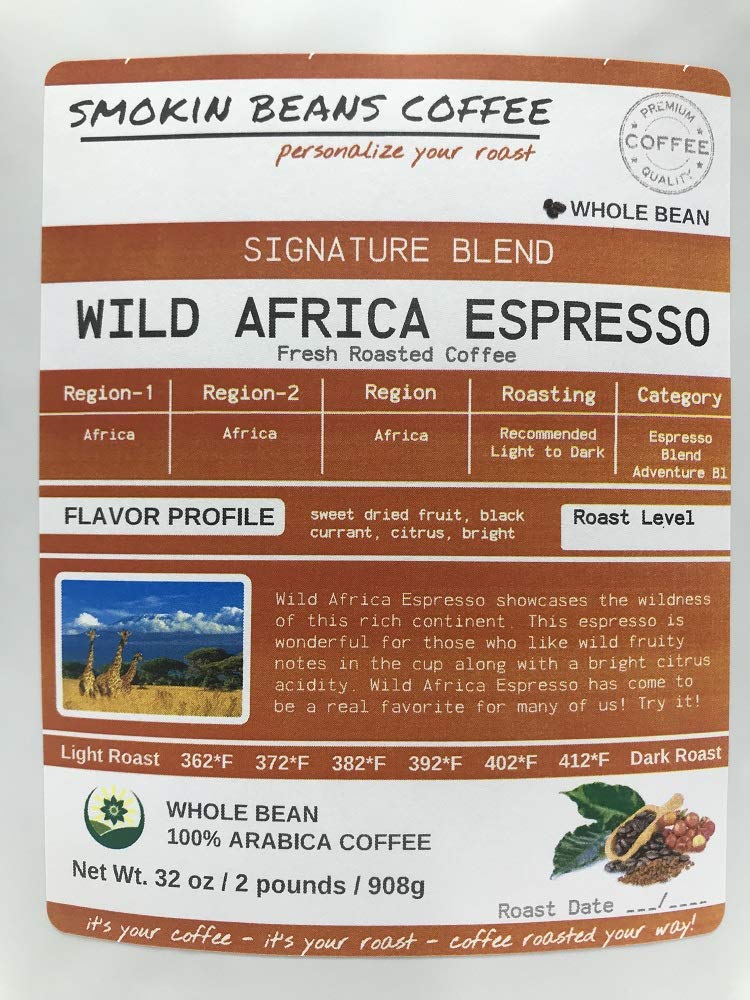 Smokin Beans Wild Africa Espresso Coffee, Light Roast, Whole Bean, 2-Pack (16 Ounce Total)