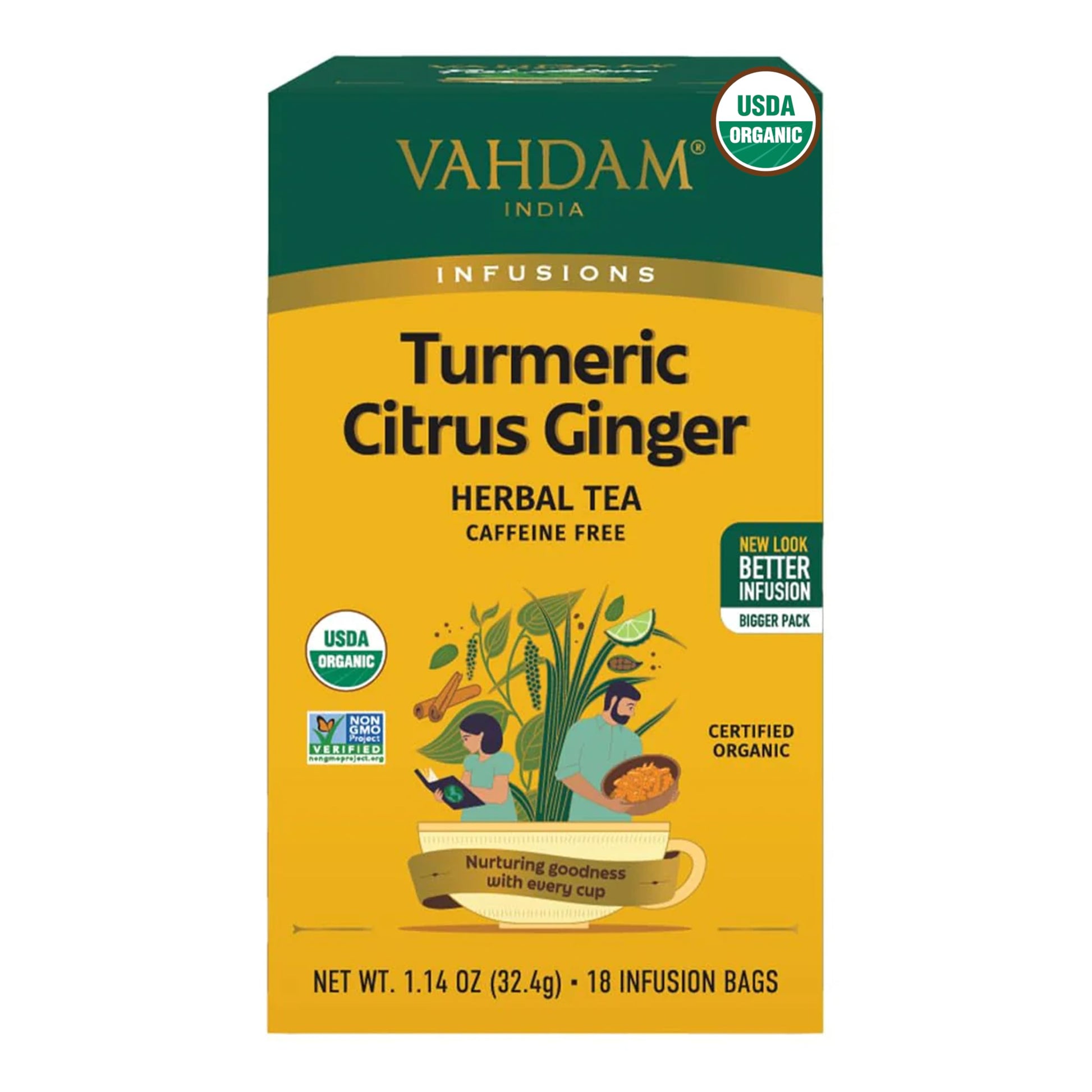 VAHDAM Organic Turmeric Citrus Ginger Herbal Tea - Caffeine Free, Gluten Free, 18 Count, Eco-Friendly Individually Wrapped Bags