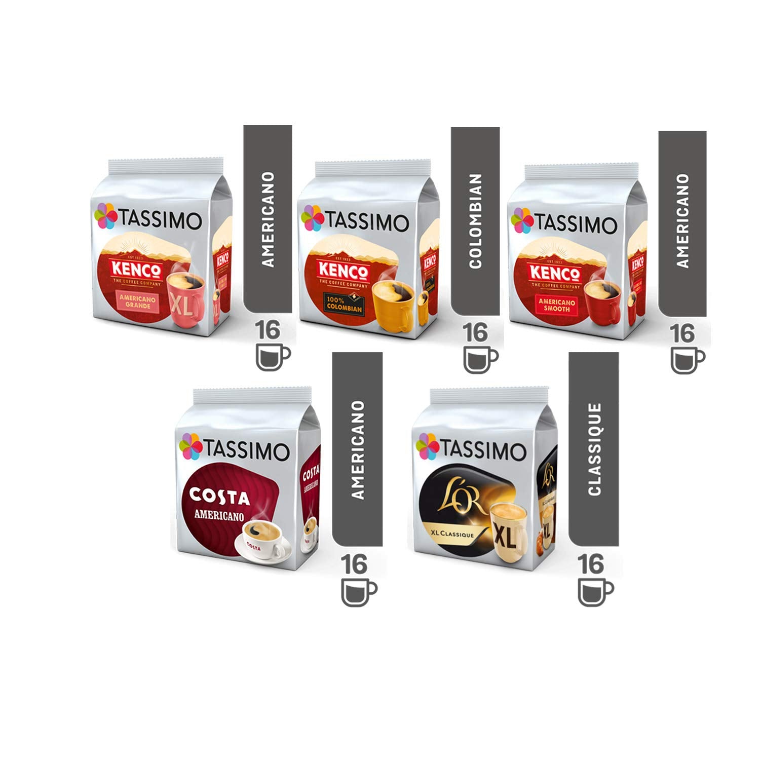 Tassimo Americano Coffee Selection - Costa Americano/Kenco Americano Grande Xl/Kenco Pure Colombian/Kenco Americano Smooth/L'Or