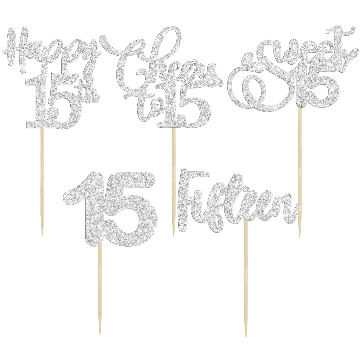 Ephlyn 30 Pack 15Th Birthday Cake Topper, Silver Glitter Cupcake Toppers For Birthday, Anniversary, Wedding Party Decorations
