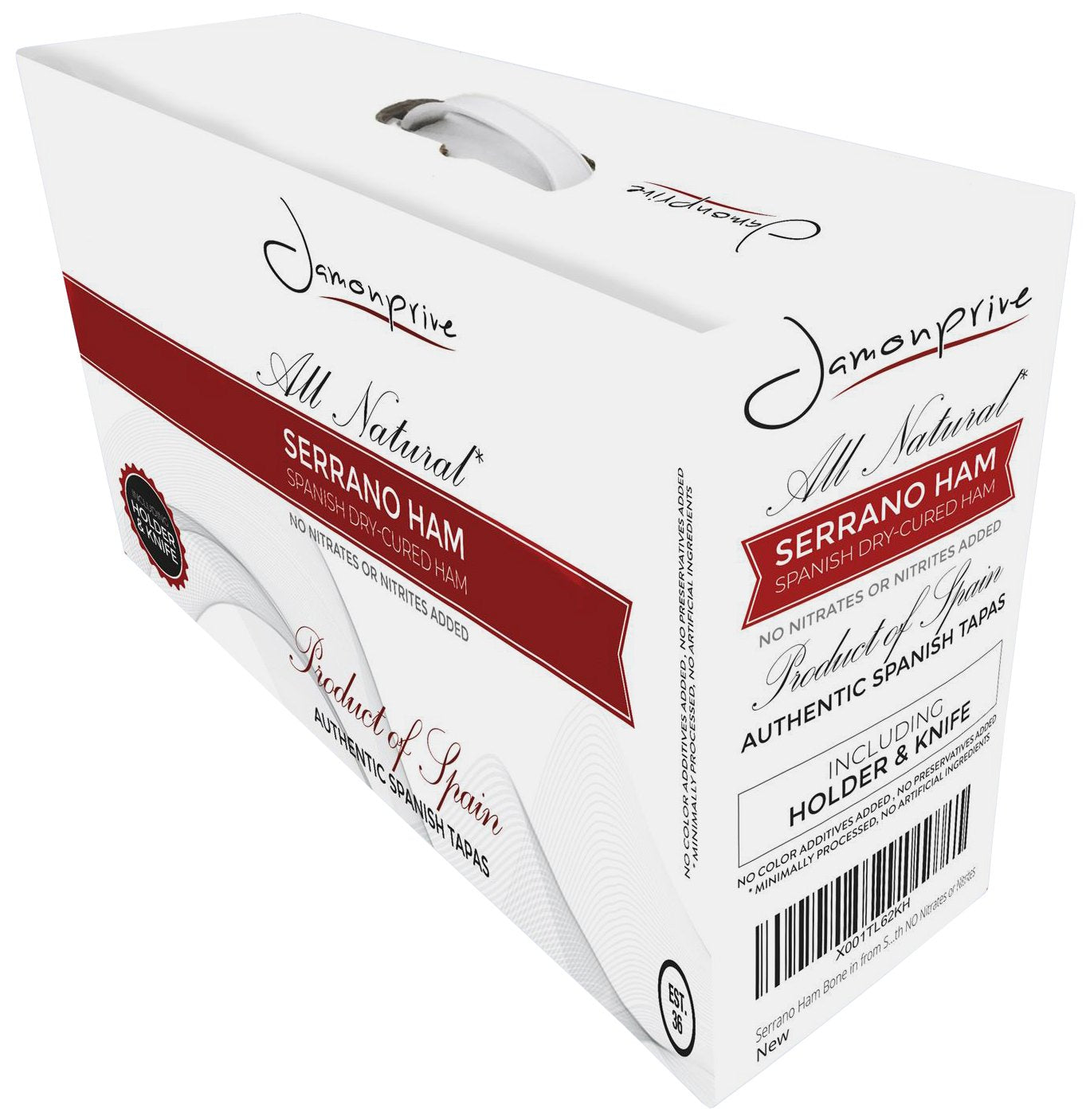 Jamonprive Spanish Serrano Ham Bone in 14-17 lb with Stand & cutting too - 3 Piece Set