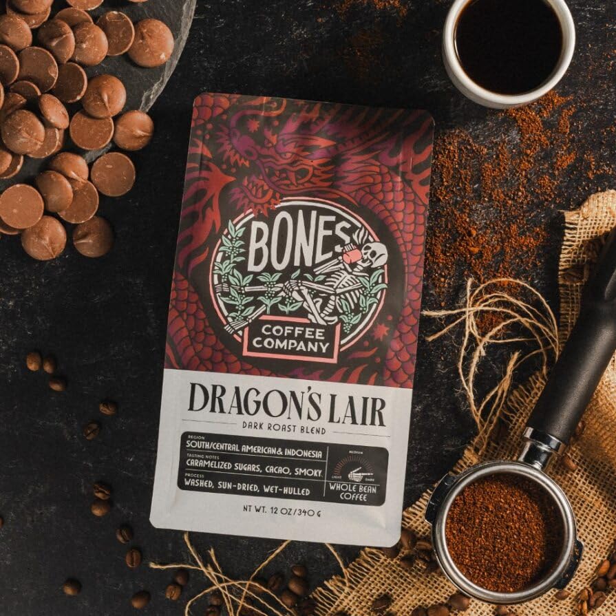 Bones Coffee Company Dragon'S Lair Whole Coffee Beans, Low Acid, Made With Arabica Coffee Beans, Dark Roast Gourmet Coffee, Coff