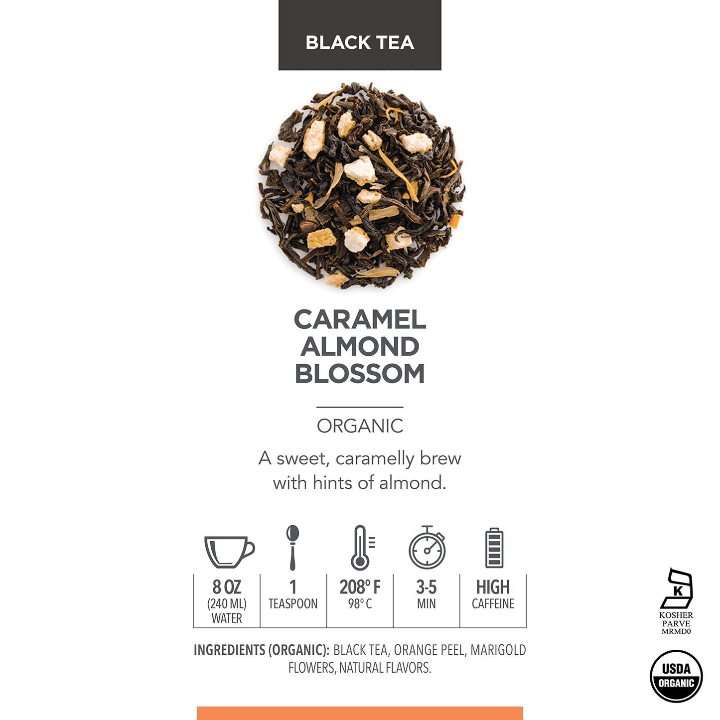 Teabloom Organic Black Tea, Caramel Almond Blossom Loose Leaf Tea, Luxury Dessert Tea, Usda Certified Organic, Certified Kosher,