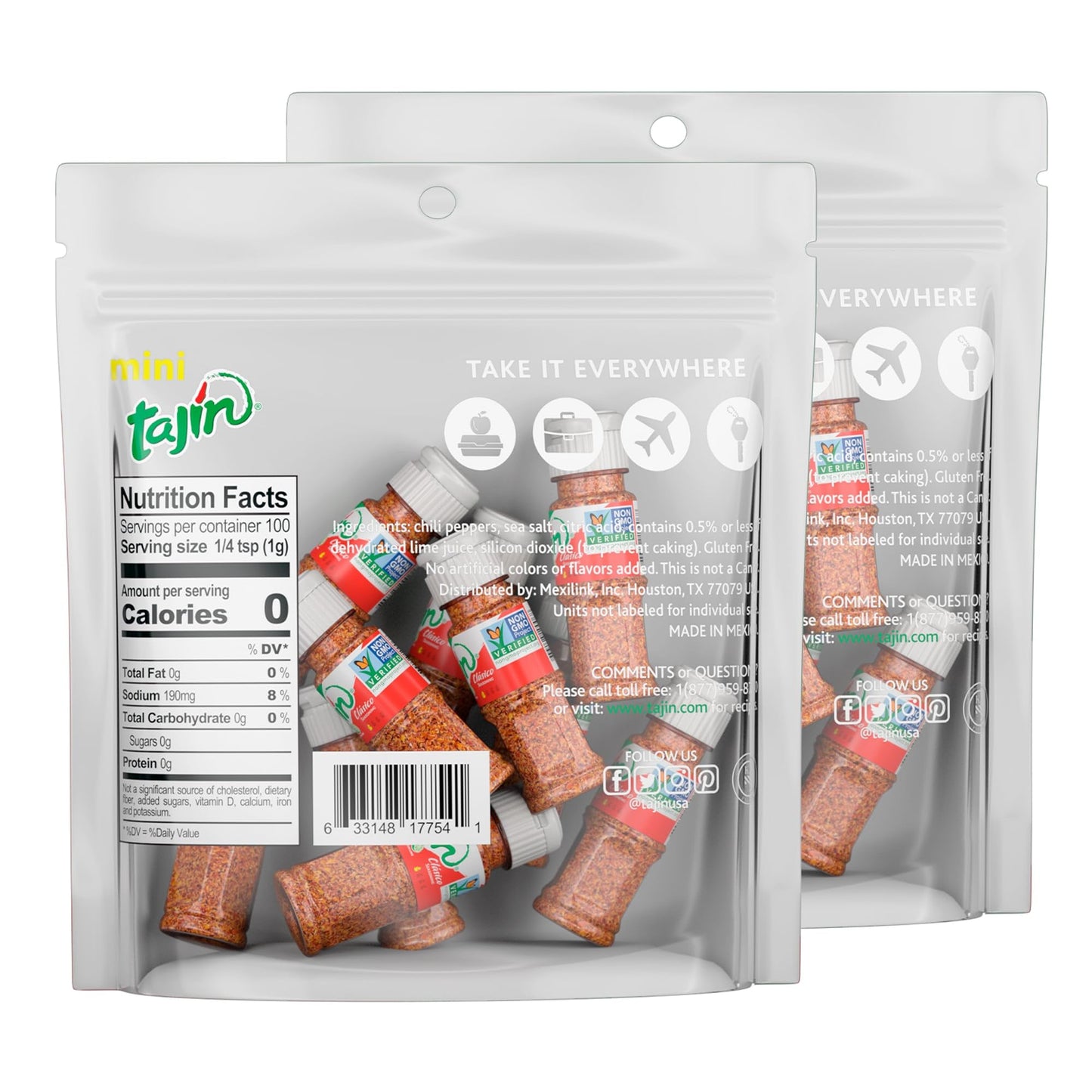 Tajin Cl  sico Seasoning Mini Pouch,0.35 Ounce, 10 Mini Bottles (Pack of 2)