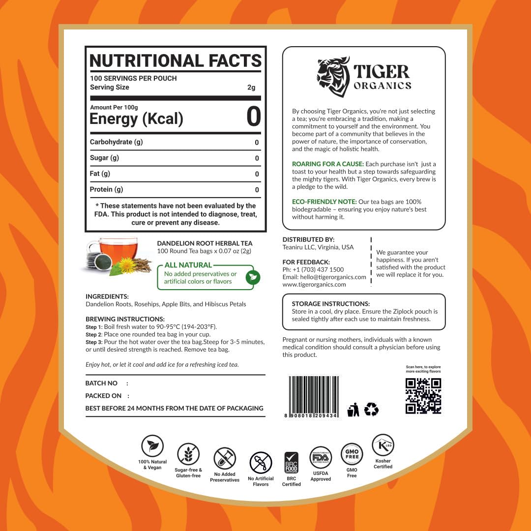 Tiger Organics Dandelion Root Tea - 100 Biodegradable Teabags, Caffeine-Free, USDA Organic Certified, 100 Count