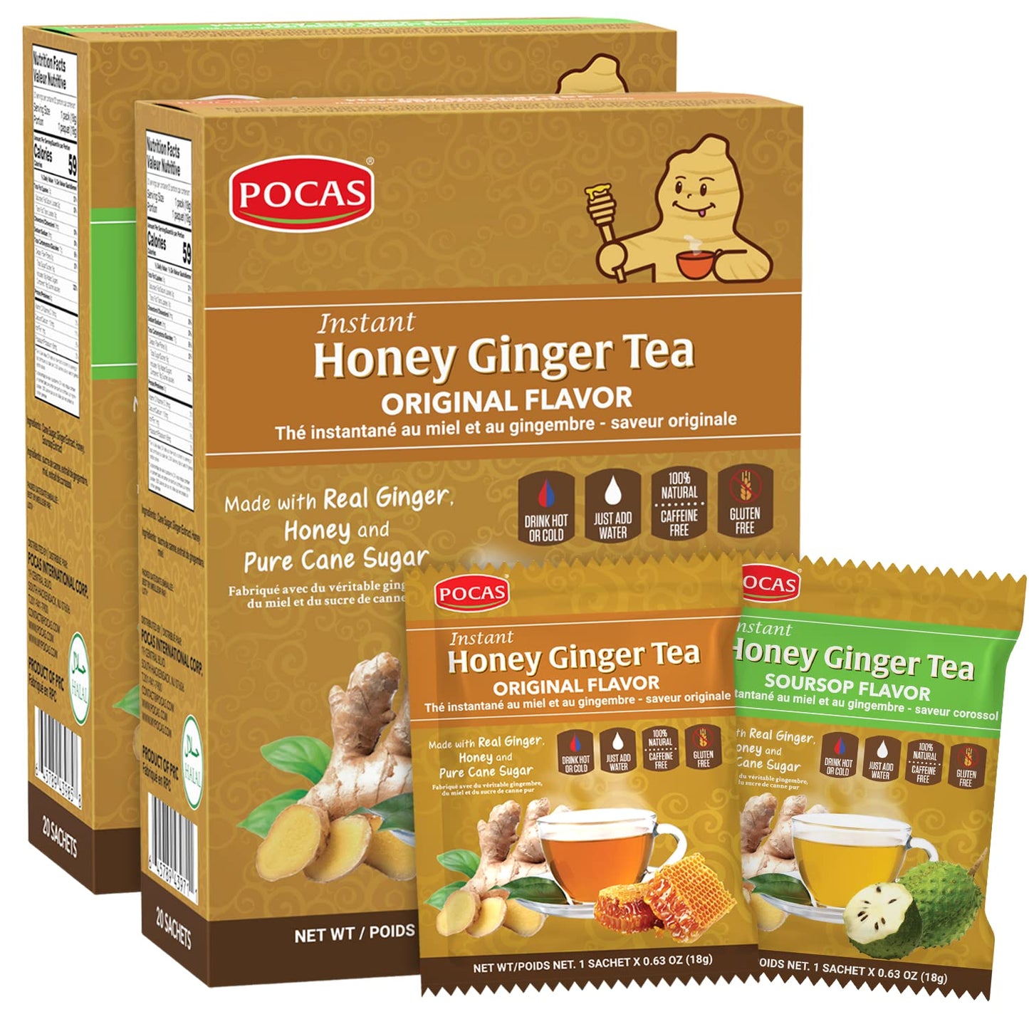 Pocas Honey Ginger Instant Tea Powder, Original & Soursop Variety 2-Pack, Ginger Extract & Real Honey, Caffeine-Free Tea, 20 Packets Per Box