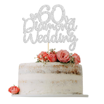 Gyufise 1Pcs 60Th Wedding Anniversary Cake Toppers With Heart Silver Glitter 60Th Diamond Wedding Anniversary Heart Cake Decorat