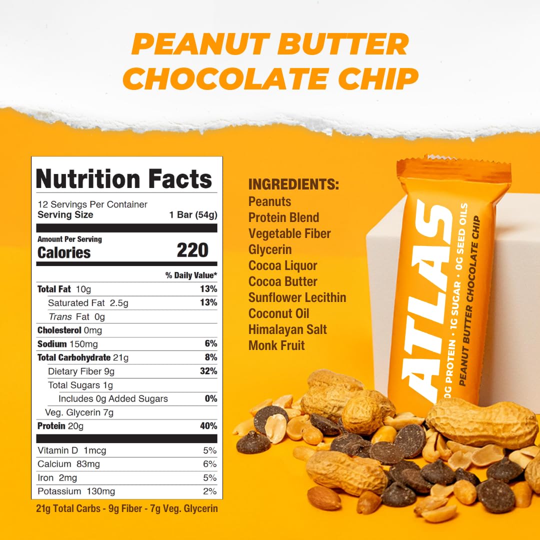 Atlas Bar - 20g Protein, 1g Sugar, 0g Seed Oils, 0g Artificial Sweeteners (Peanut Butter Chocolate Chip, 36 Count)