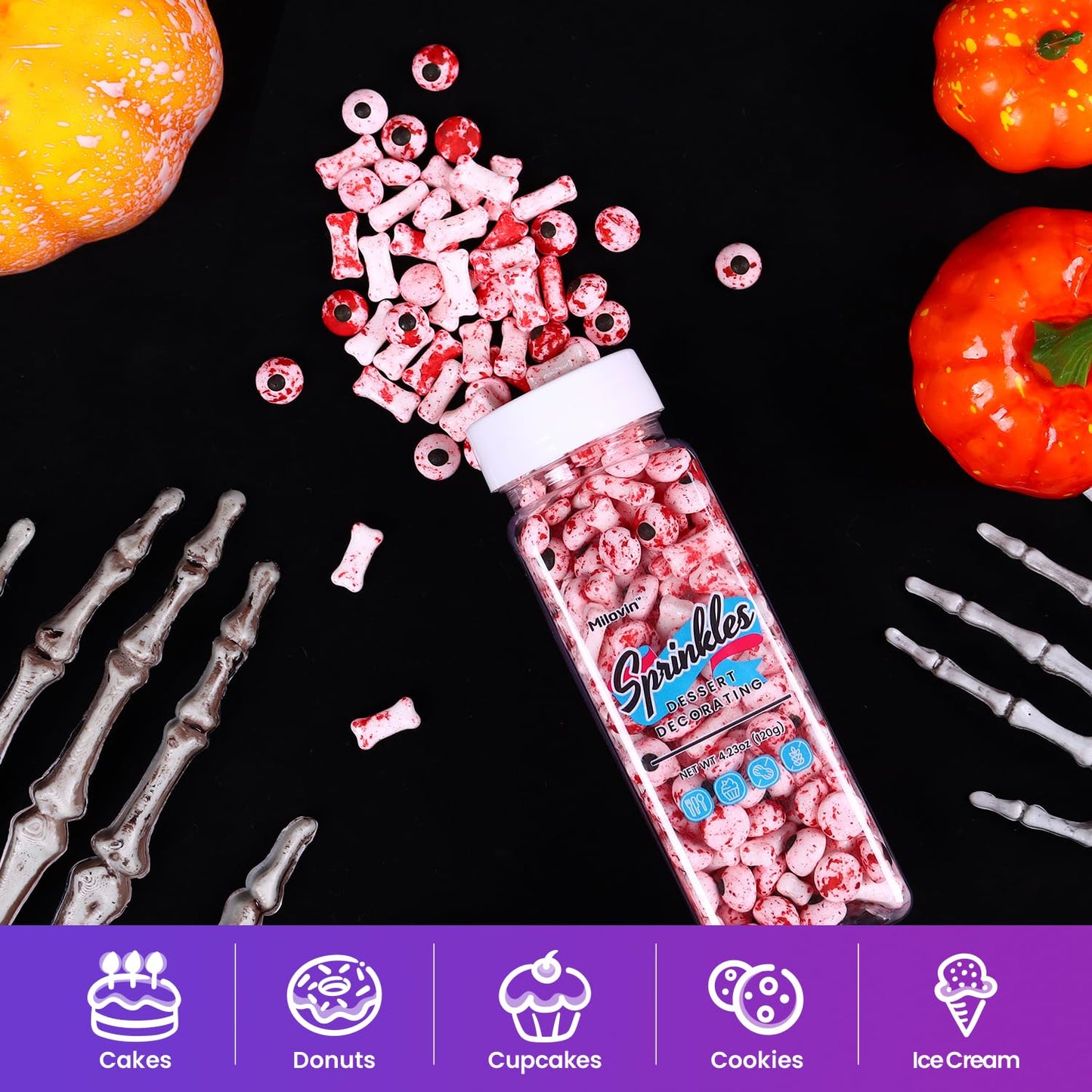 Milovin Bloody Eyeballs Candy Sprinkles for Halloween - Edible Candy Eyes & Bones, 4.23oz, Halloween-Eyeball Bone