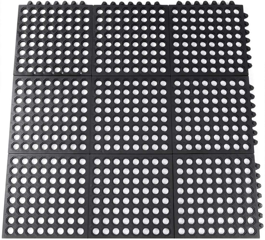 Rubber Floor Mats Anti Fatigue Kitchen Mats 9 Pack 11.8'' X 11.8'' Modular Interlocking Floor Tiles, Drain Pool Balcony Patio Ya