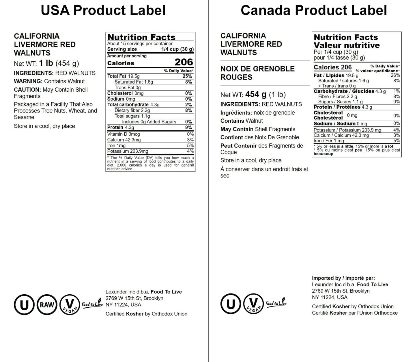 Food To Live - California Livermore Red Walnuts, 1 Pound Raw, No Shell, Kosher, Unsalted, Natural, Sirtfood, Bulk