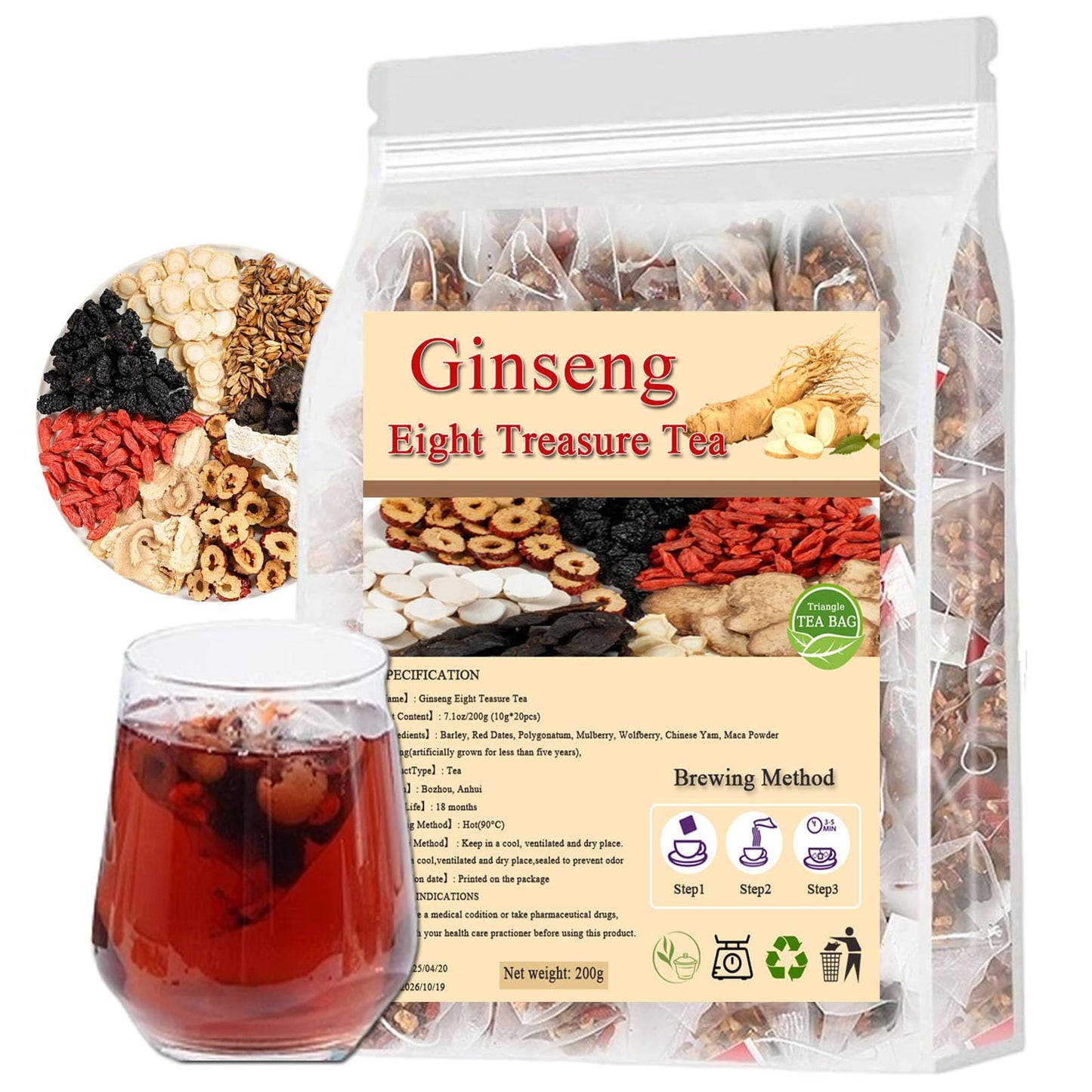 Aultink Ginseng Eight Treasure Tea - Herbal Teabag with Red Date, Wolfberry, Mulberry, Goji Berries - 10g x 20PCS