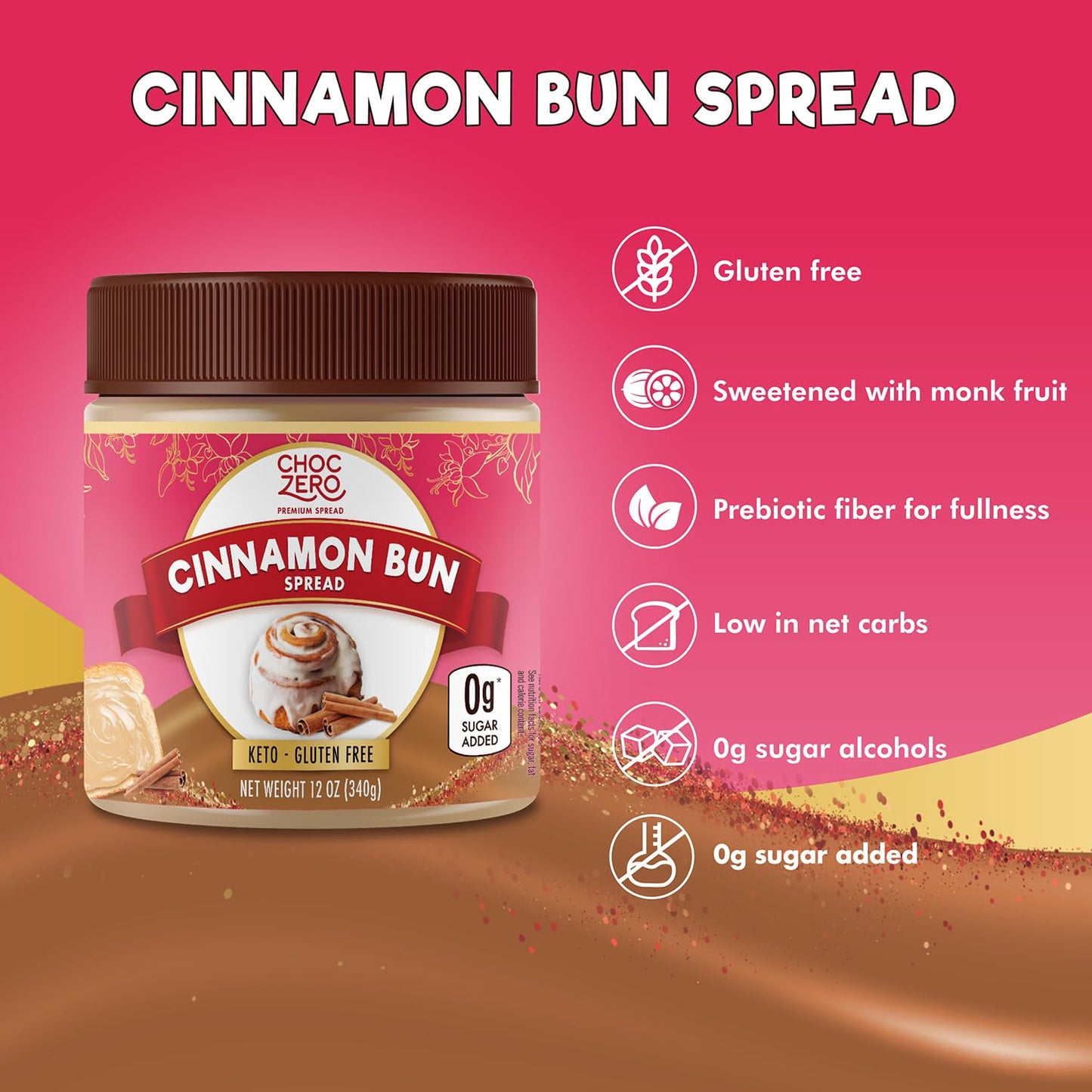 Choczero Cinnamon Bun Spread, No Added Sugar, Perfect For Breakfast And Desserts, All Natural And Creamy (1 Jar, 12 Oz)