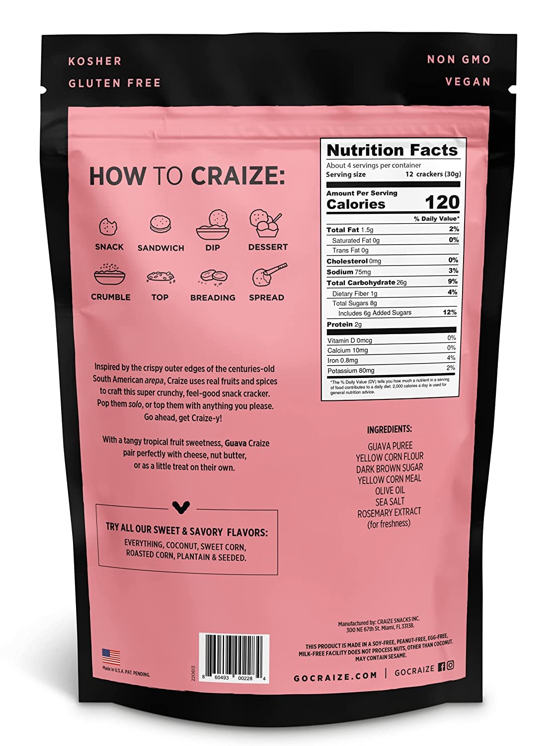 Craize Guava Crisps | Gluten Free, Vegan, Kosher, Toasted Corn Crackers | 4 oz each