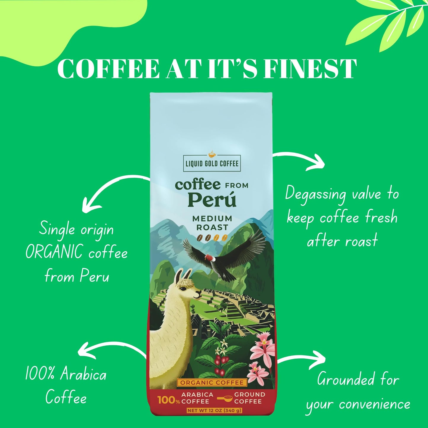Liquid Gold Coffee Organic Medium Roast, Fairtrade, 12 oz Bag, 100% Arabica Beans, Small Batch Roasted in USA