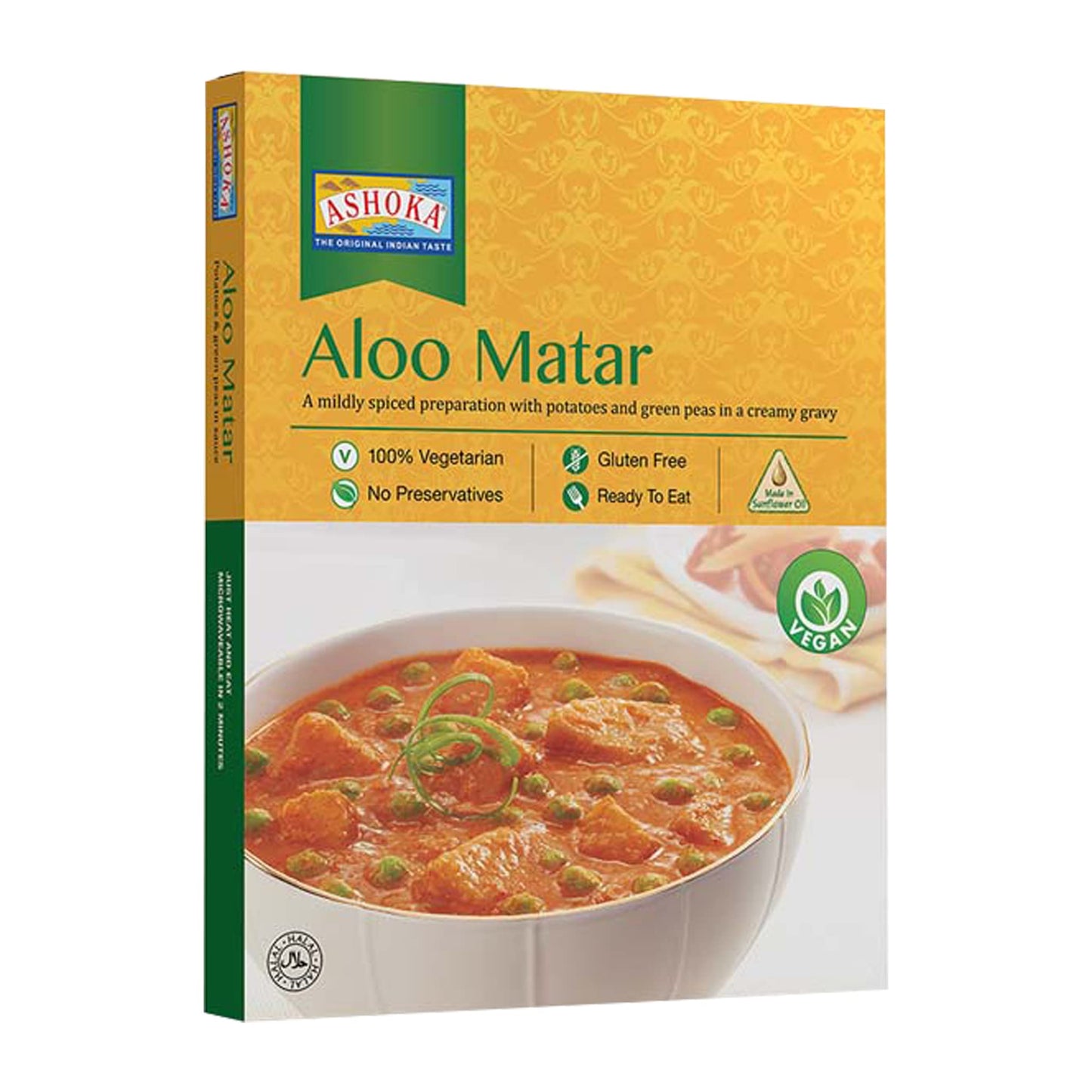 Ashoka Instant Meals 1932, All-Natural Vegan Potatoes & Peas, Kosher Certified Microwaveable Meals, Ready to Eat Indian Food, Aloo Matar, Flavorful Lunch Meal, No Preservatives, Pack of 1