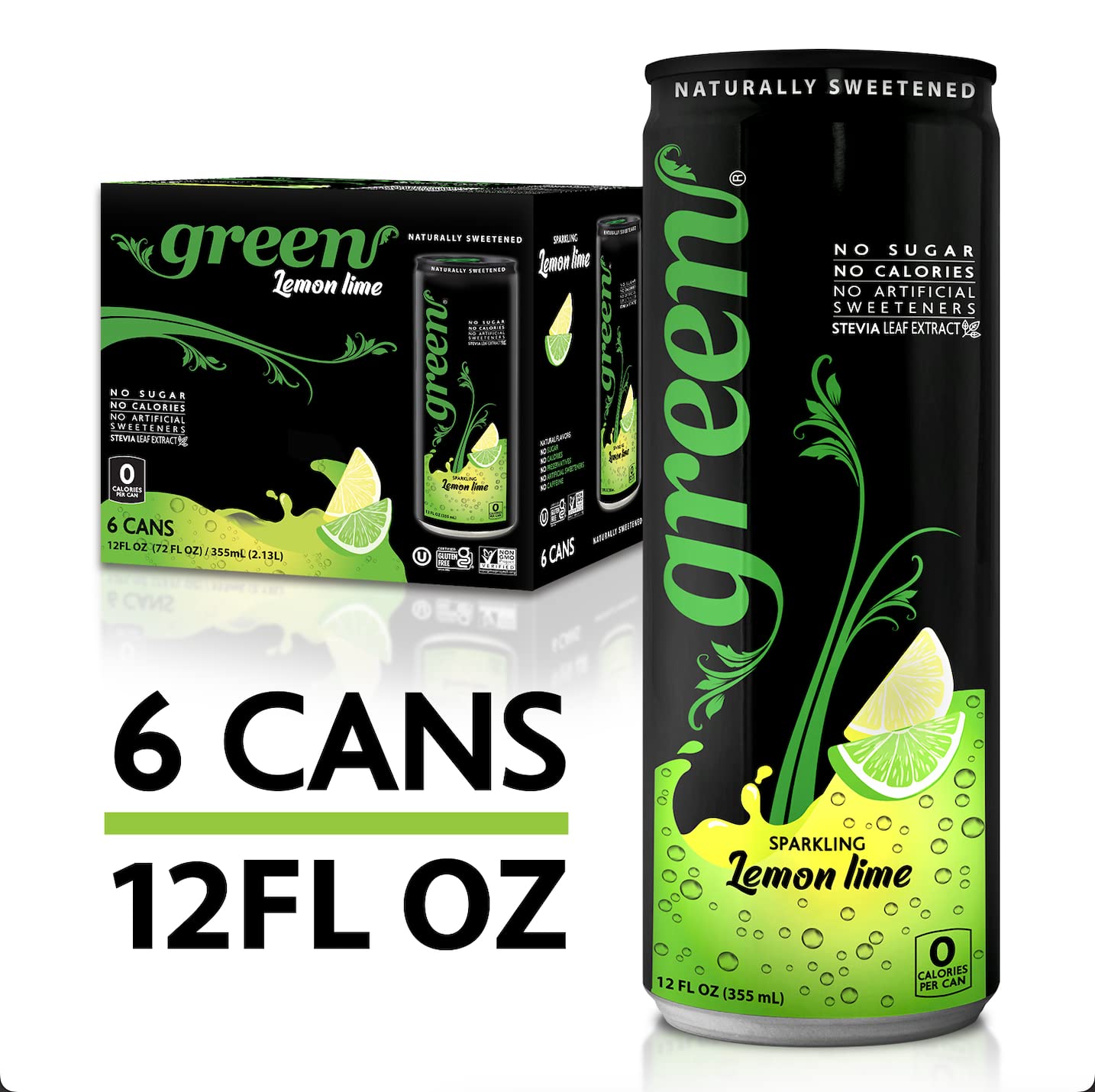 Green Lemon Lime - Sugar Free, No Calories, Naturally Sweetened with 100% Stevia Leaf Extract, Carbonated Soda, 12 Fl Oz each ca