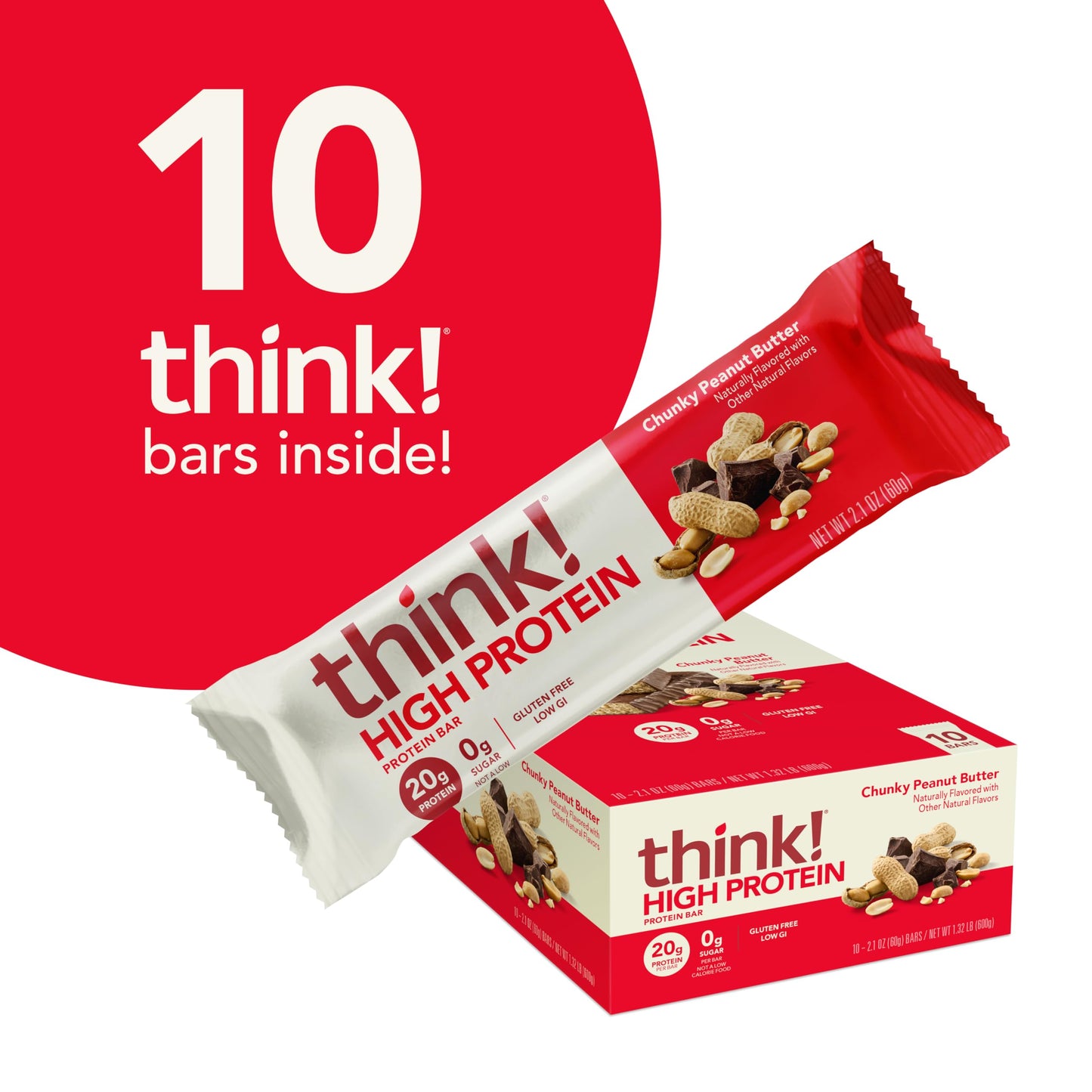 think! Protein Bars, High Protein Snacks, Gluten Free, Kosher Friendly, Chunky Peanut Butter, Nutrition Bars, 2.1 Oz per Bar, 10