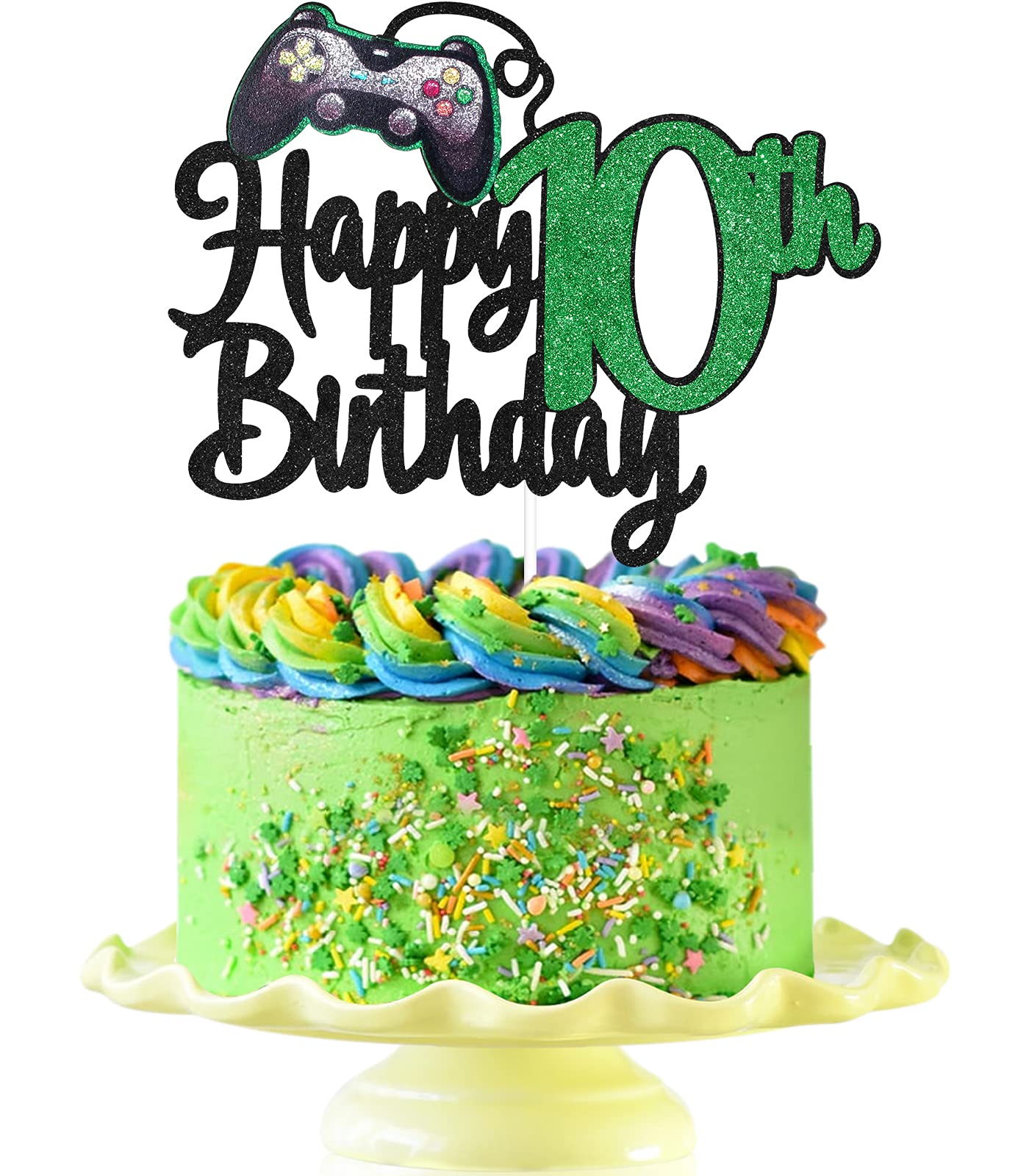 LHCING Video Game Birthday Cake Topper - Paper Decoration for Boys 10th Birthday Party - Game On Level Up Theme