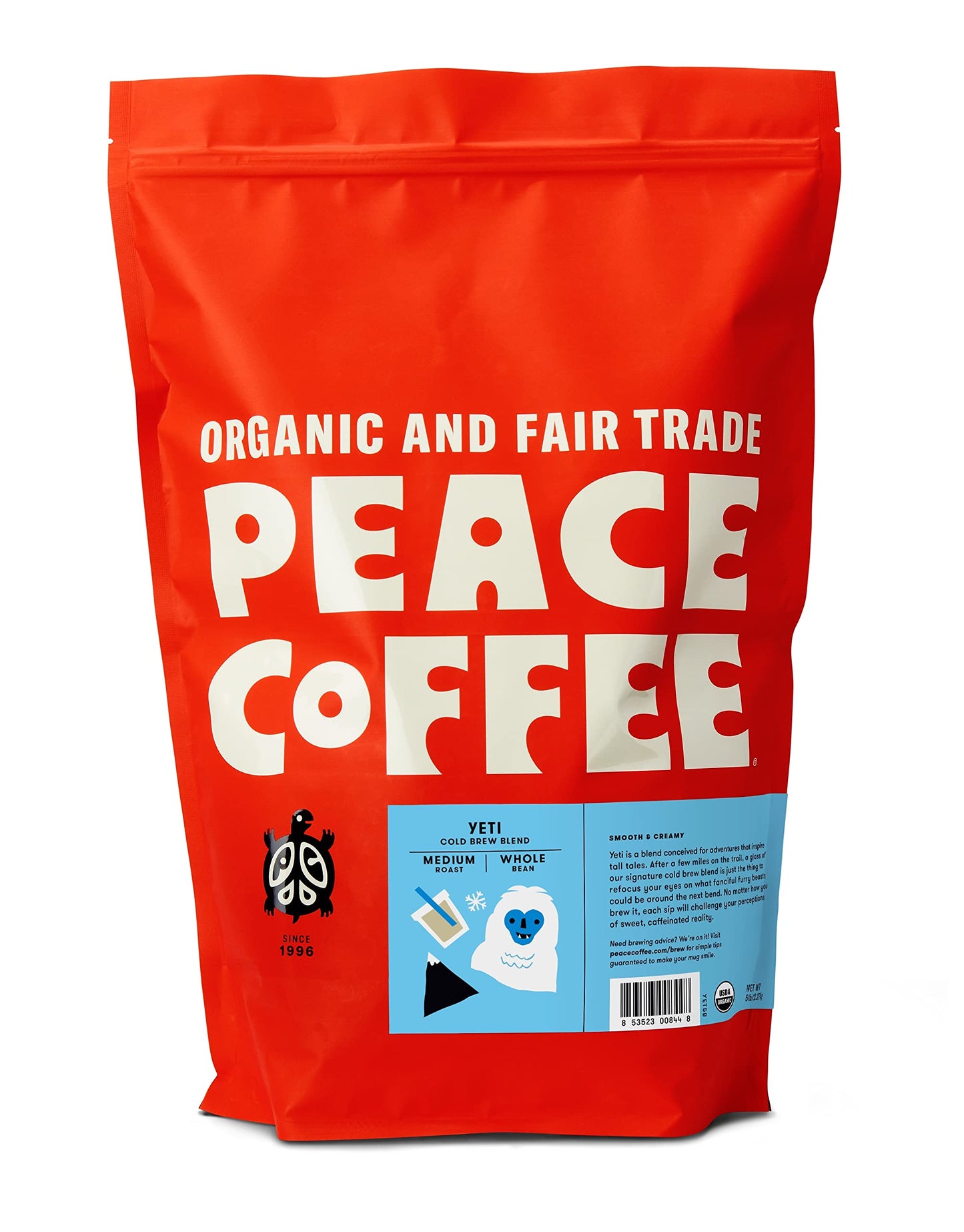 Peace Coffee Yeti Cold Brew Blend | 5 lb Medium Roast Whole Bean| Organic Fair Trade | Smooth, Rich Flavor | Shade Grown, Fresh 