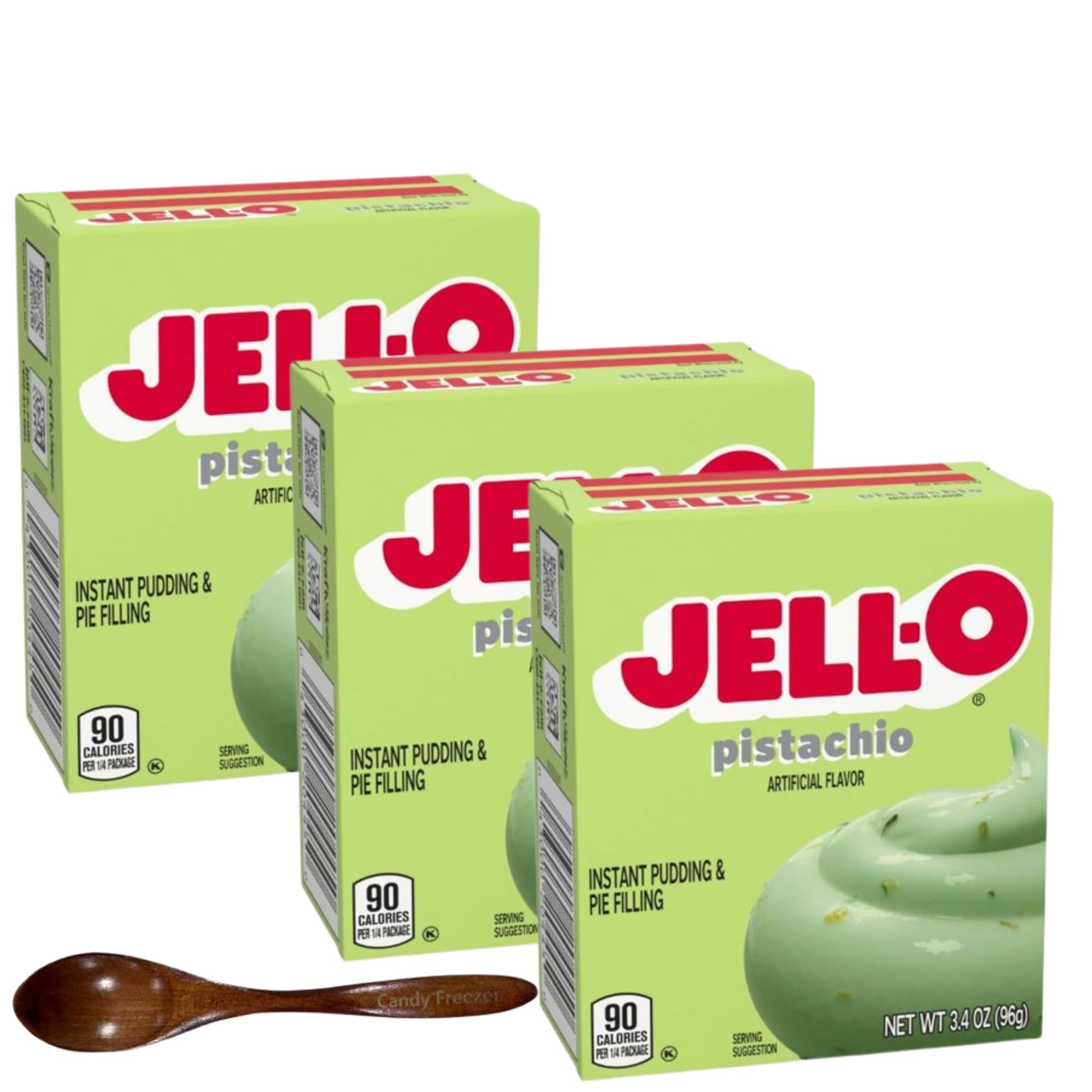 Jell-O Instant Pudding & Pie Filling Mix 3.4 oz Box (Pack of 3) with Candy Freezer Wooden Spoon (Pistachio) - Wooden Spoon