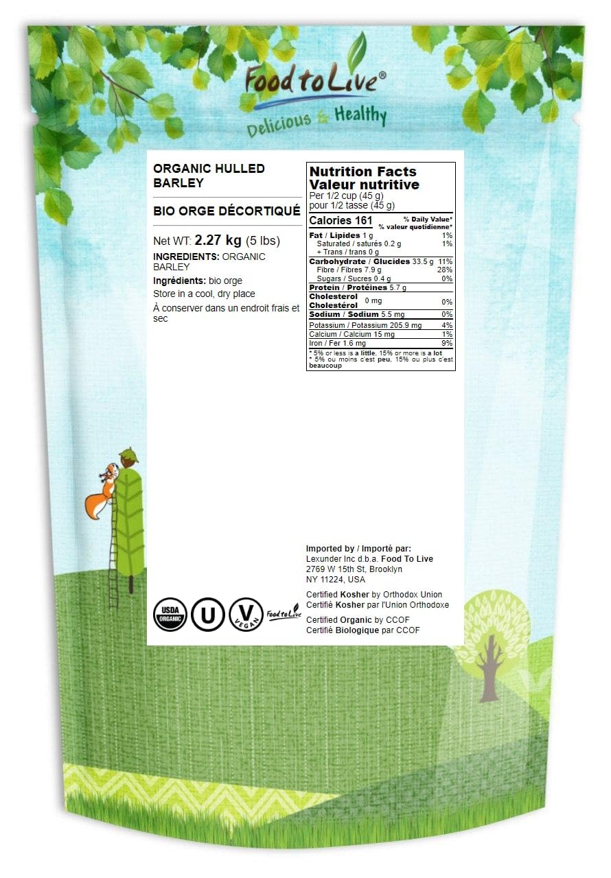 Food to Live Organic Hulled Barley - Non-GMO, Whole Grain, 5 Pounds, Kosher, Vegan, High in Fiber, Ideal for Brewing and Cooking