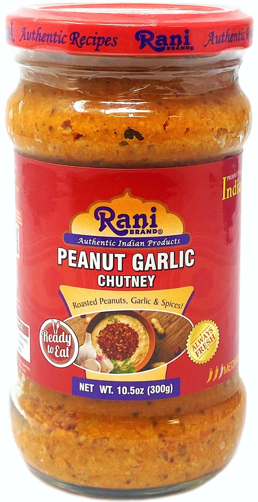 Rani Peanut Garlic Chutney 10.5Oz (300G) Glass Jar, Ready To Eat, Pack Of 5+1 Free ~ Vegan | Gluten Free | Non-Gmo | No Colors |