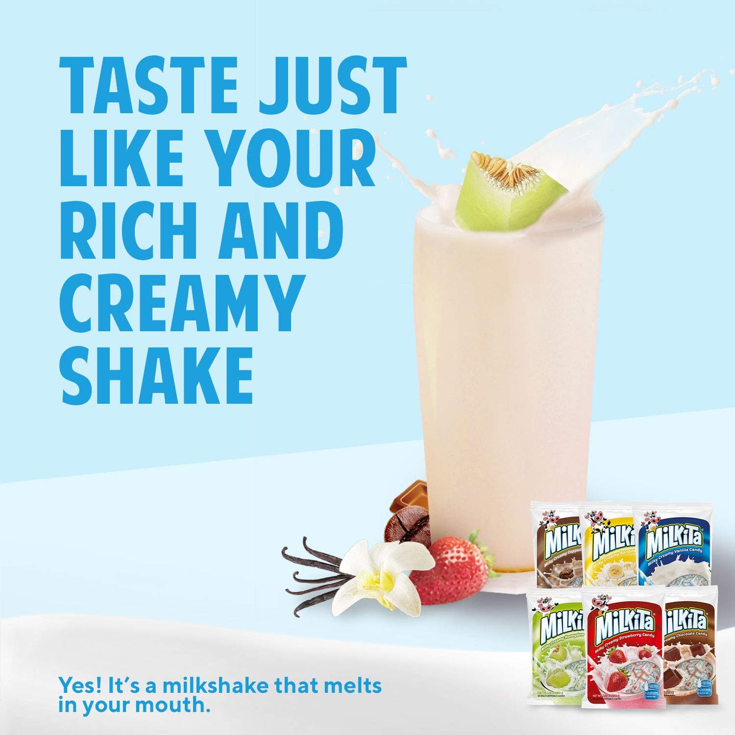 Milkita Creamy Shake Candy Pack Of 12, Gluten Free Chewy Candies With Calcium & Real Milk, Zero Trans Fat, Low-Sugar, Assorted Flavors (Vanilla, Strawberry, Chocolate, Cappuccino, Honeydew, Banana), 360 Pcs