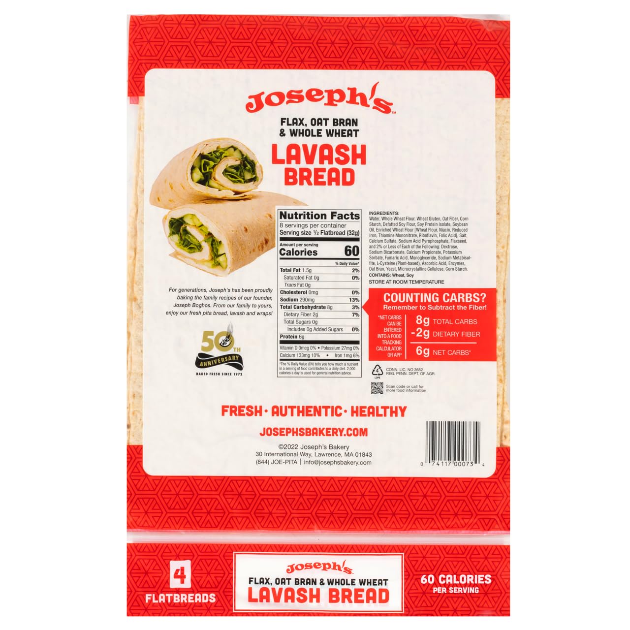 Joseph'S Bakery Lavash Bread, Flax Oat Bran & Whole Wheat, Reduced Carb, Fresh Baked (12 Count Flax)