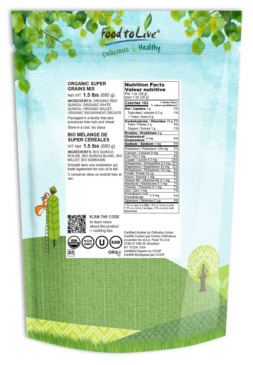 Food to Live Organic Super Grains Blend, 1.5 Pounds - A Mix of Millet, Buckwheat, Red and White Quinoa. Non-GMO, Non-Irradiated,