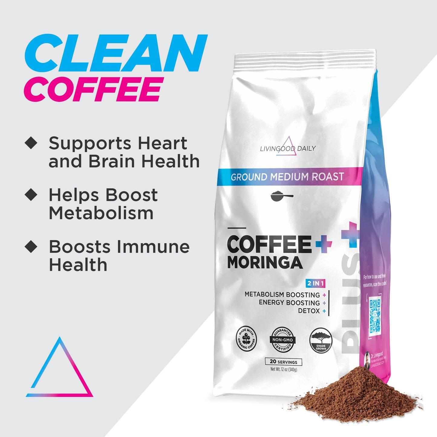 Livingood Daily Coffee with Moringa, Ground Medium Roast Coffee with Plant Based Ingredients for Morning Energy, Made with Morin